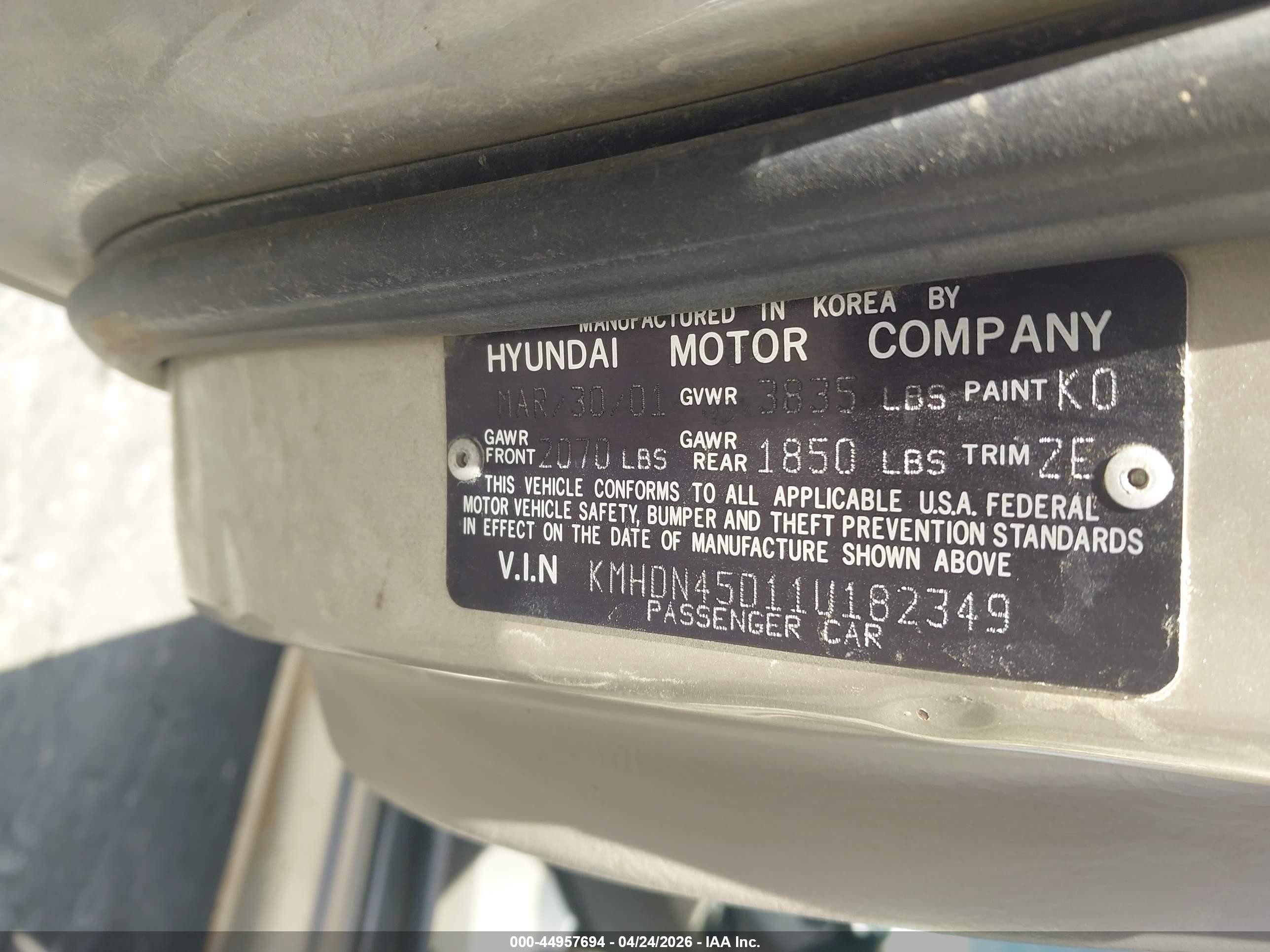 2001 Hyundai Elantra Gls Champagne vin: KMHDN45D11U182349
