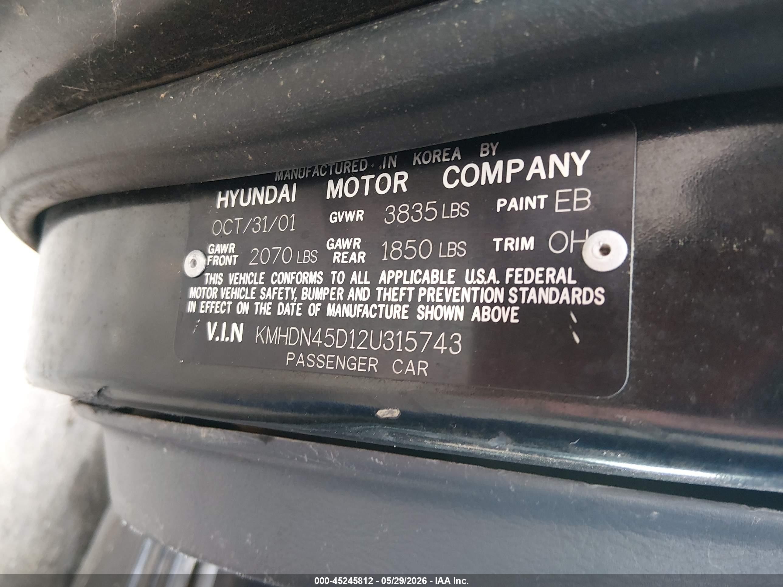 2002 Hyundai Elantra Gls Black vin: KMHDN45D12U315743