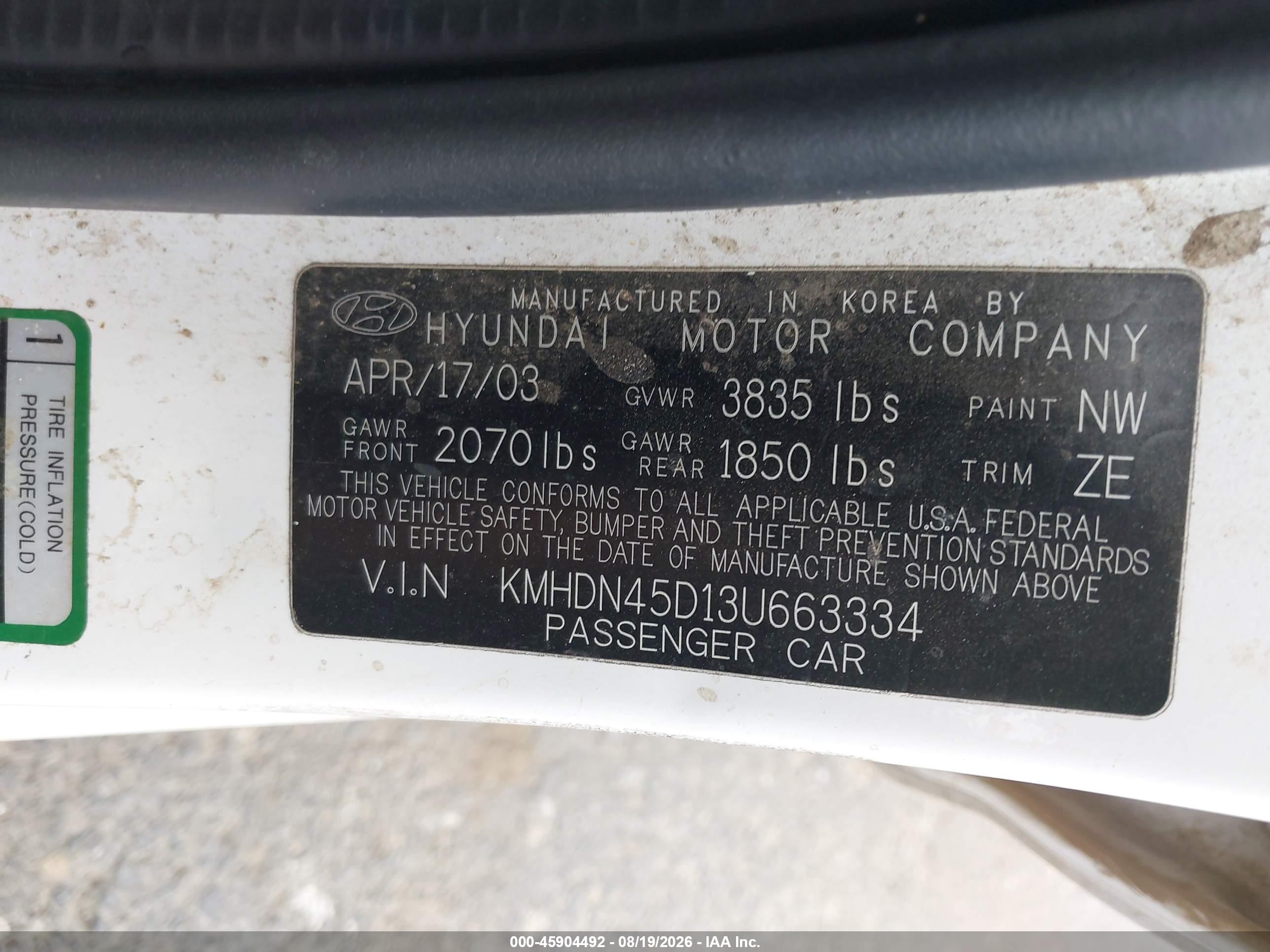 2003 Hyundai Elantra Gls/gt White vin: KMHDN45D13U663334