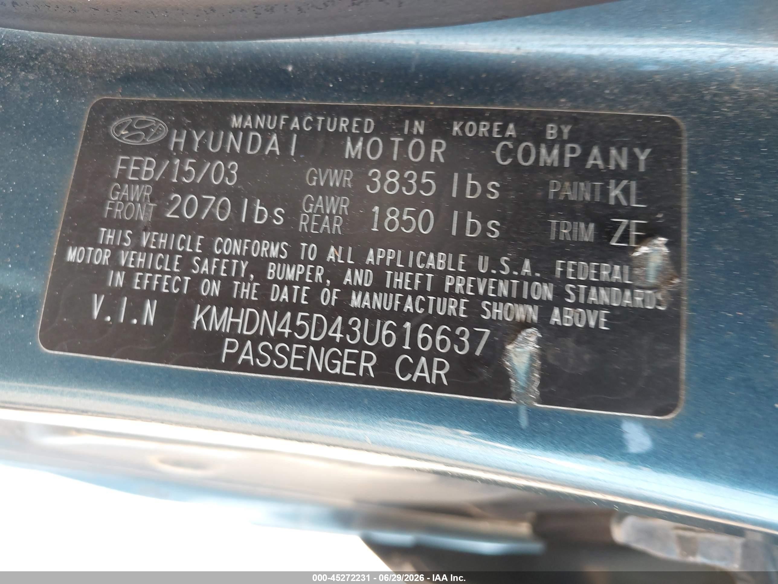 2003 Hyundai Elantra Gls/gt Blue vin: KMHDN45D43U616637