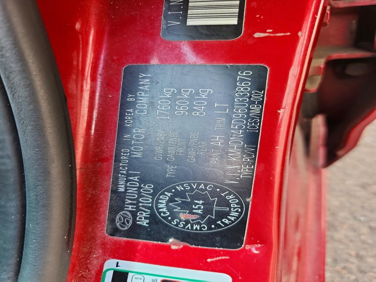 2006 Hyundai Elantra Gls Red vin: KMHDN45D96U338676