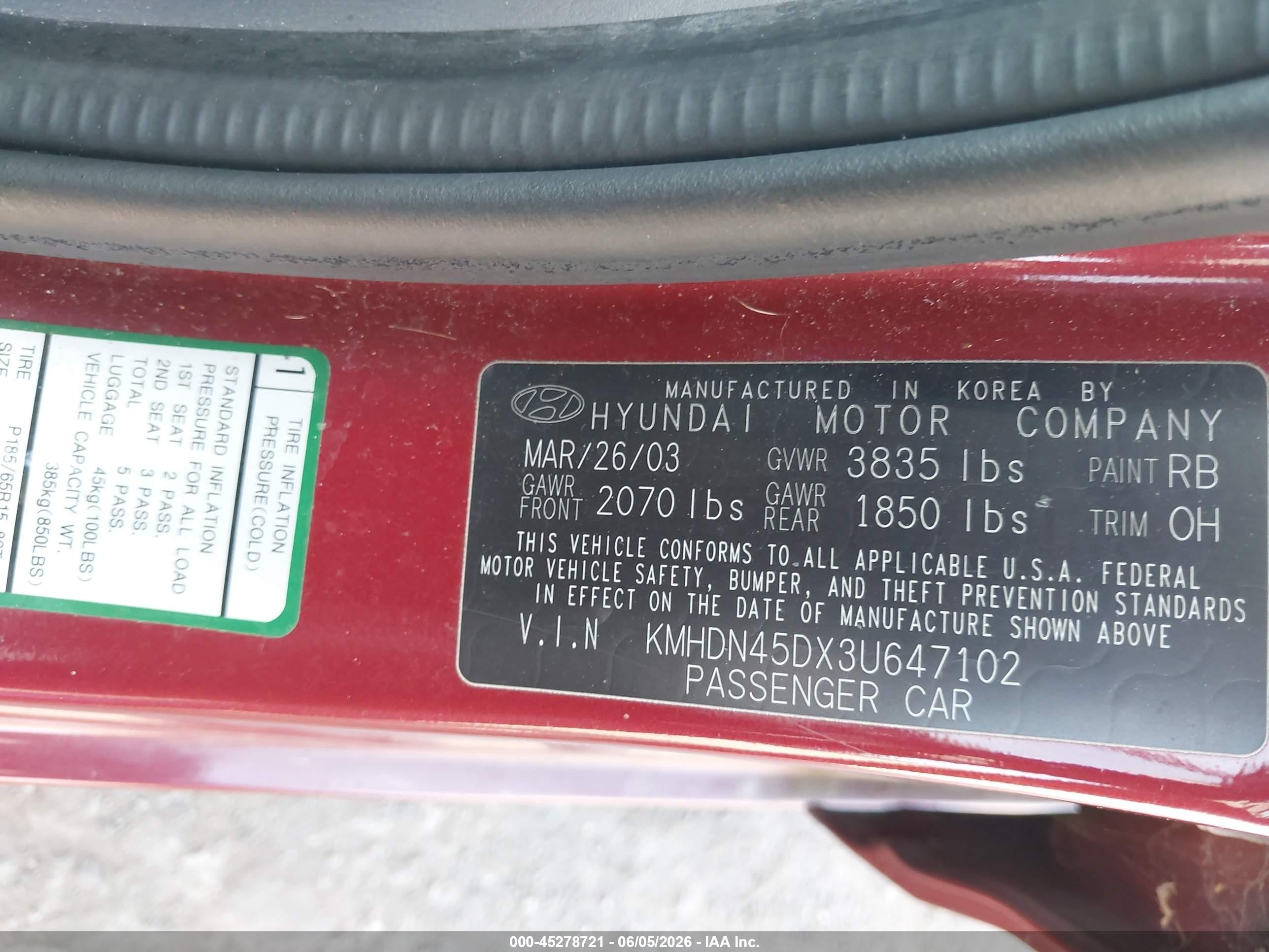 2003 Hyundai Elantra Gls/gt Red vin: KMHDN45DX3U647102