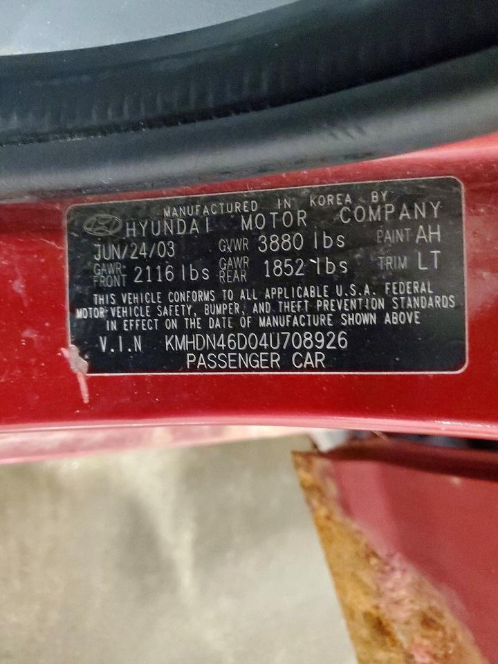2004 Hyundai Elantra Gls Red vin: KMHDN46D04U708926