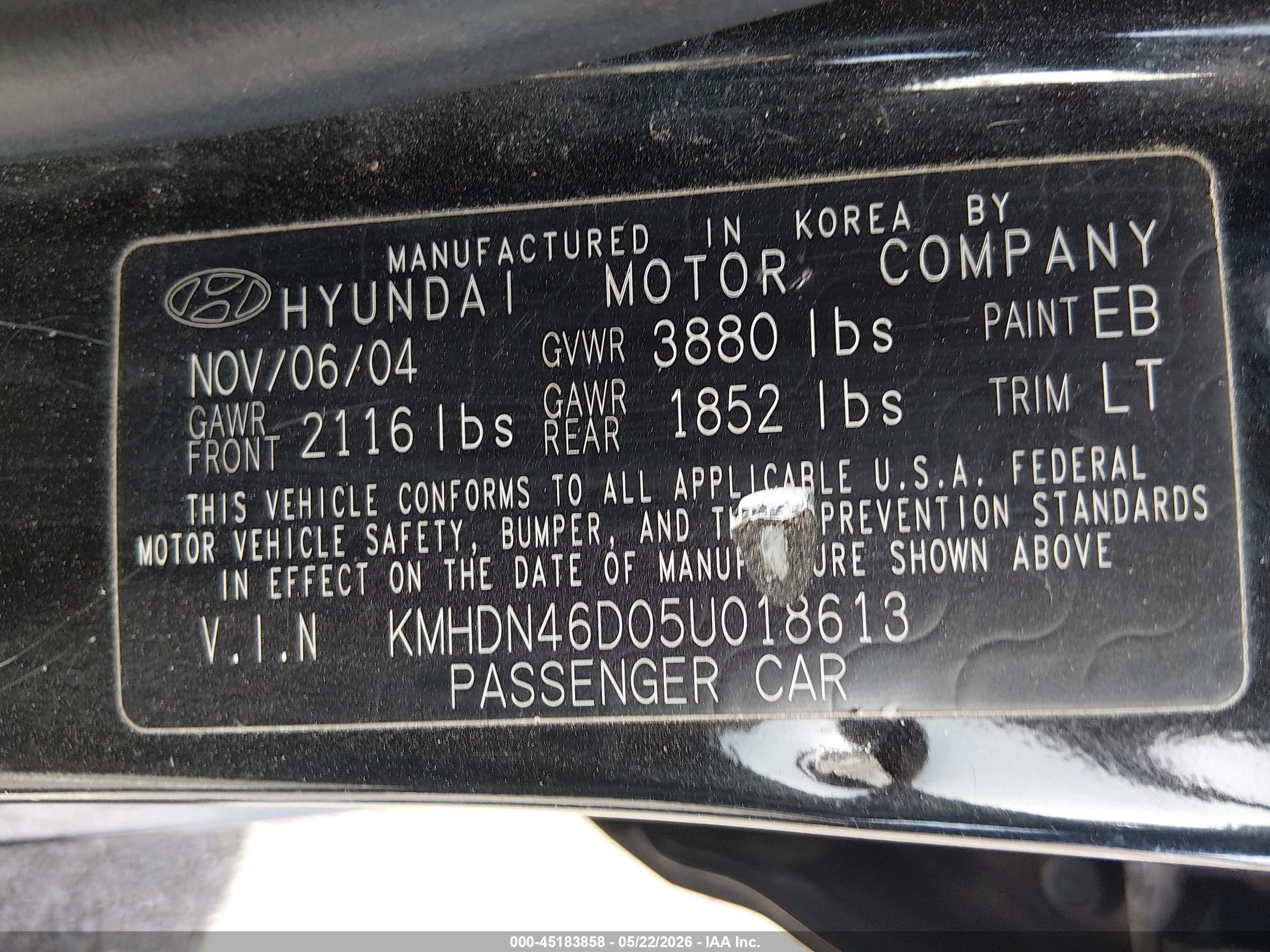 2005 Hyundai Elantra Gls/gt Black vin: KMHDN46D05U018613