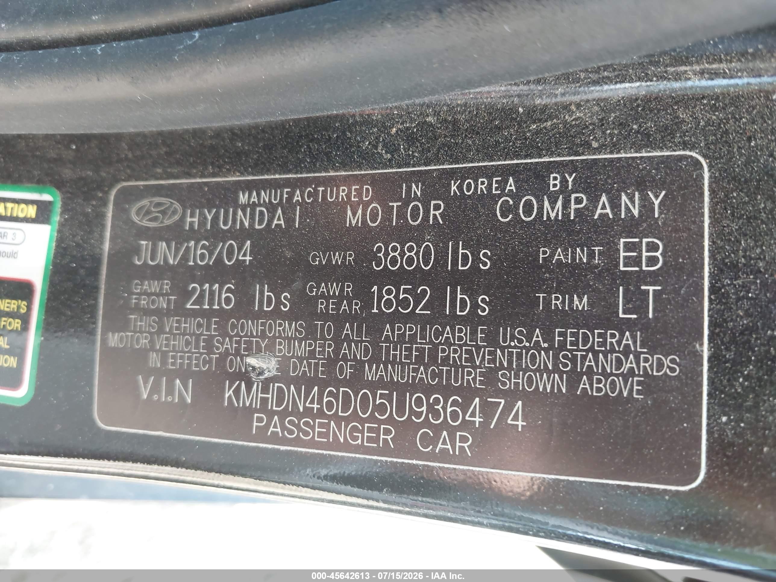 2005 Hyundai Elantra Gls/gt Black vin: KMHDN46D05U936474