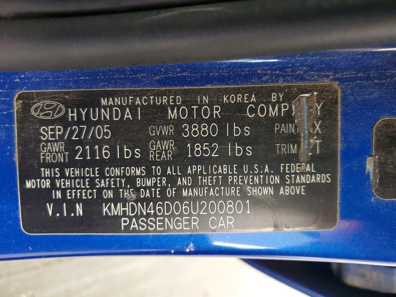 2006 Hyundai Elantra Gls Blue vin: KMHDN46D06U200801