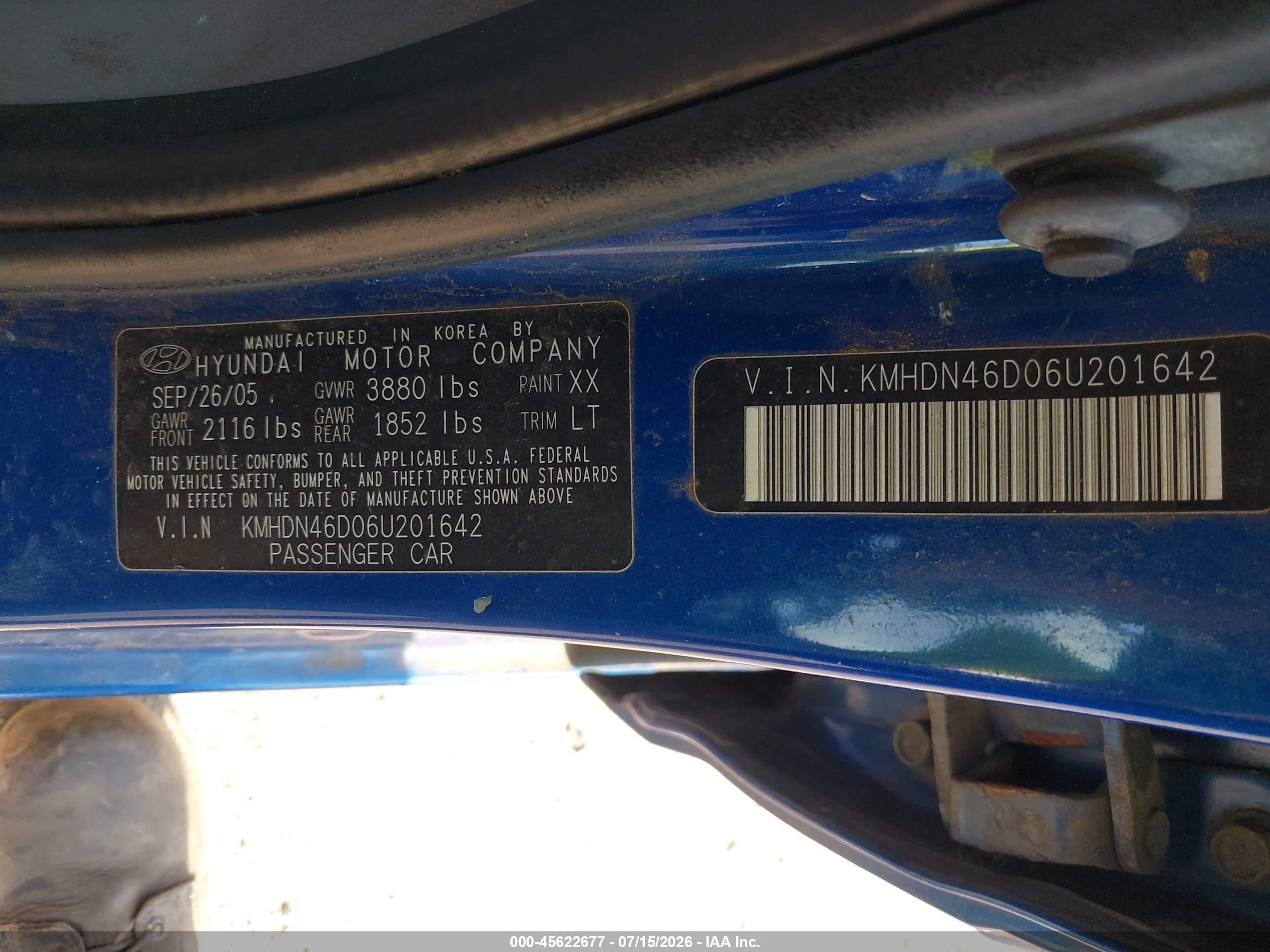 2006 Hyundai Elantra Gls/limited Blue vin: KMHDN46D06U201642