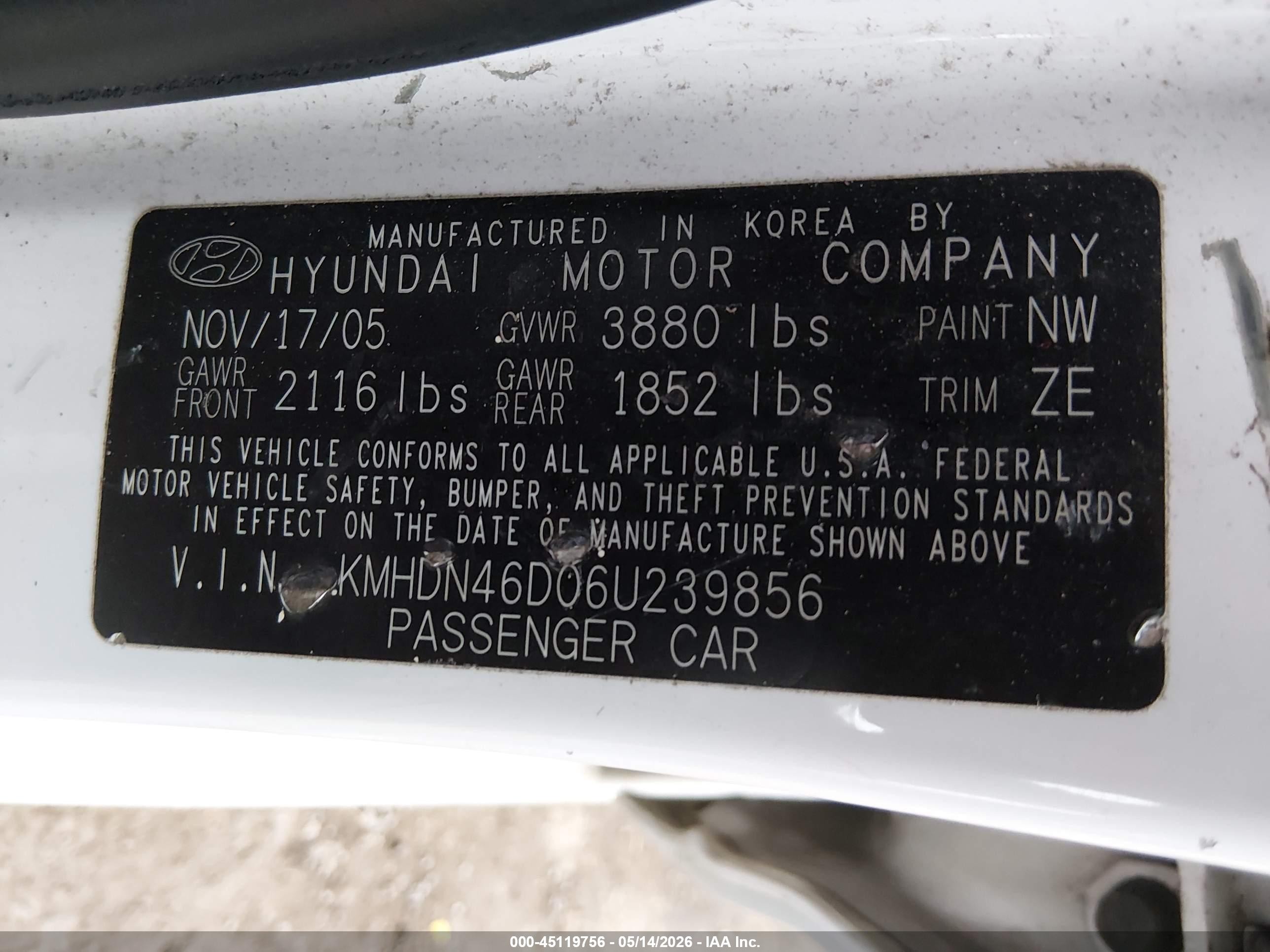 2006 Hyundai Elantra Gls/limited Белый vin: KMHDN46D06U239856