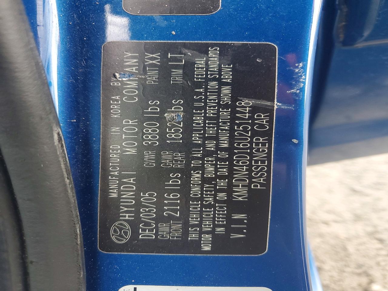 2006 Hyundai Elantra Gls Blue vin: KMHDN46D16U251448