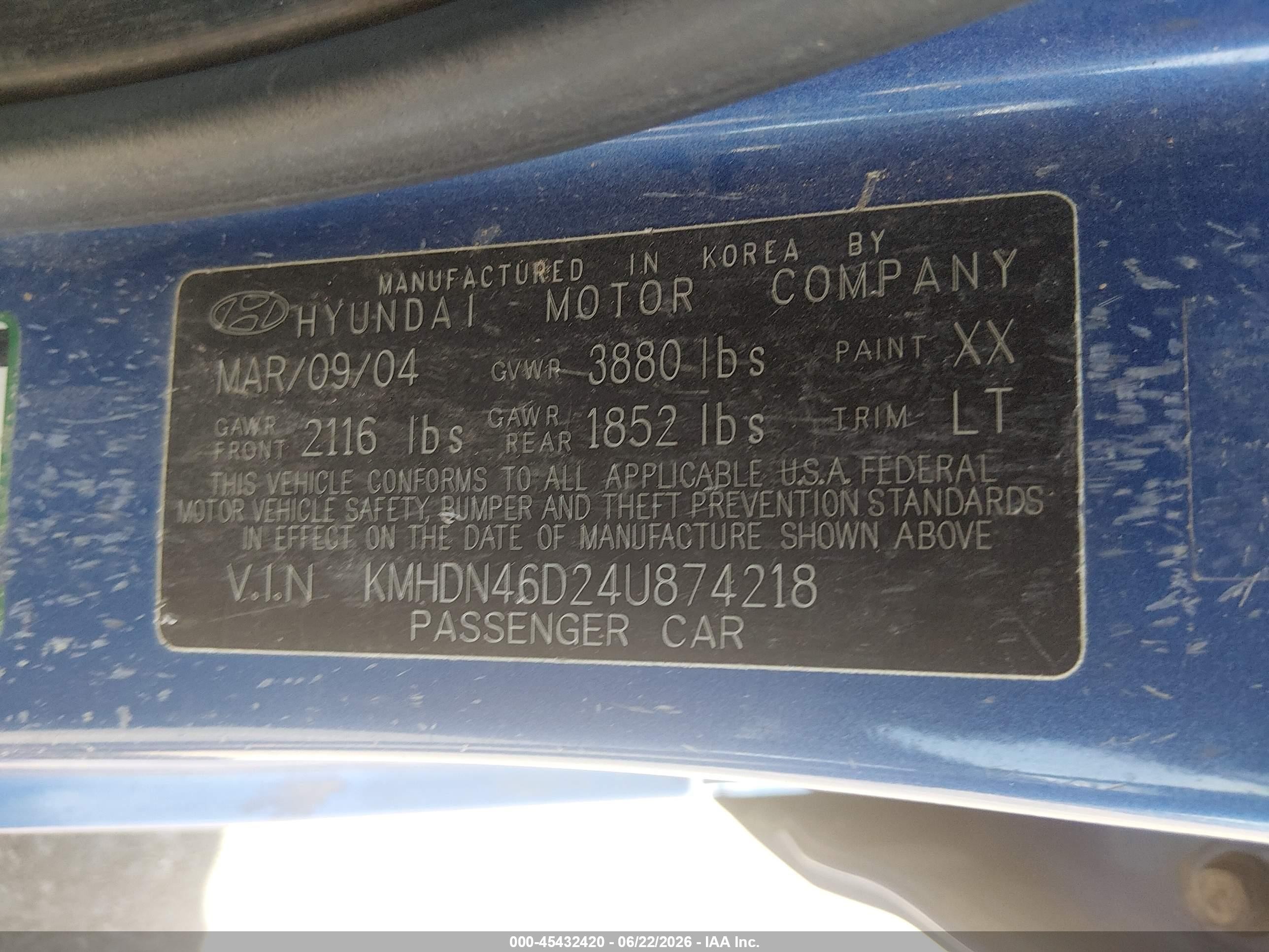 2004 Hyundai Elantra Gls/gt Blue vin: KMHDN46D24U874218