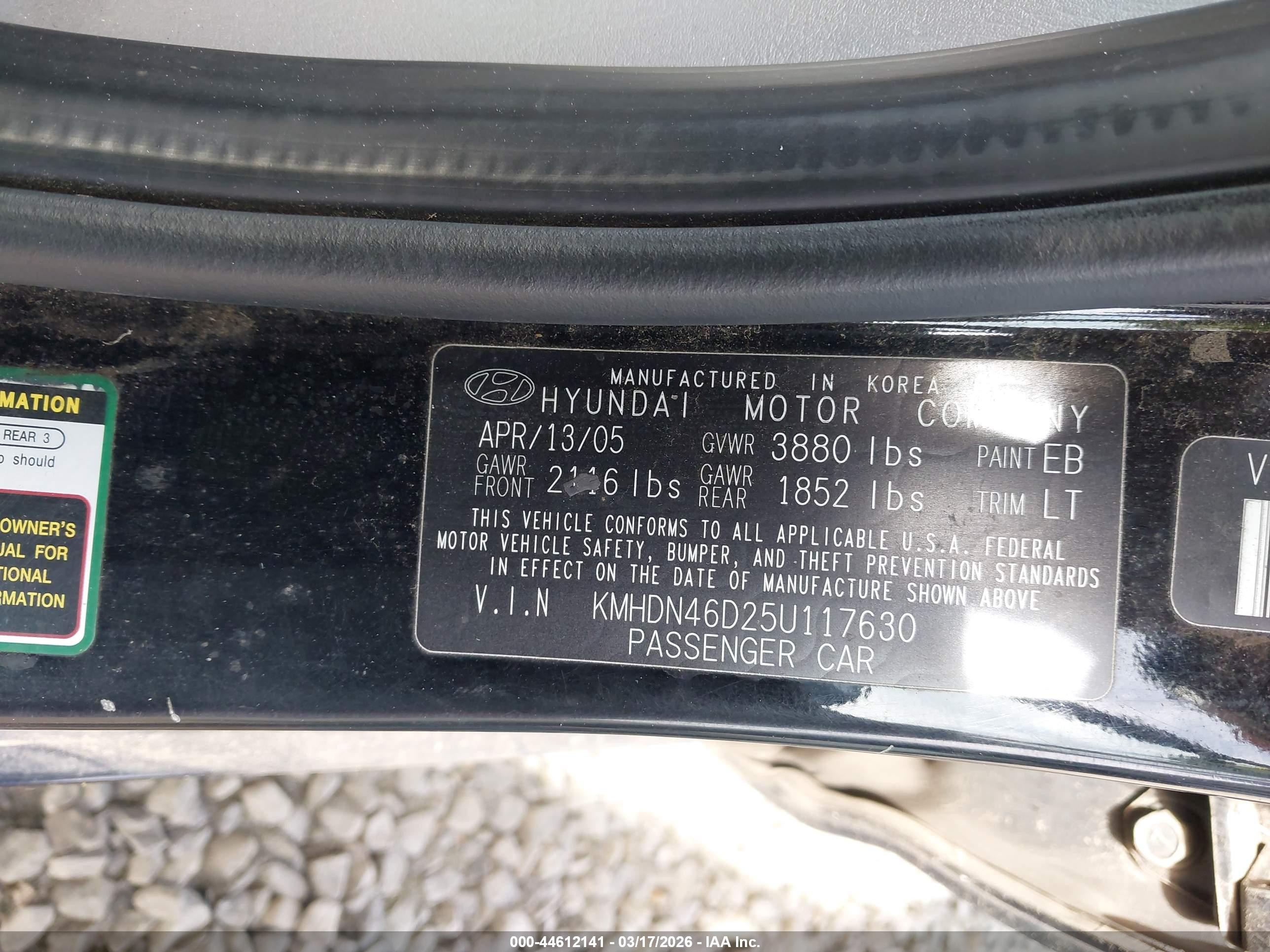 2005 Hyundai Elantra Gls/gt Black vin: KMHDN46D25U117630