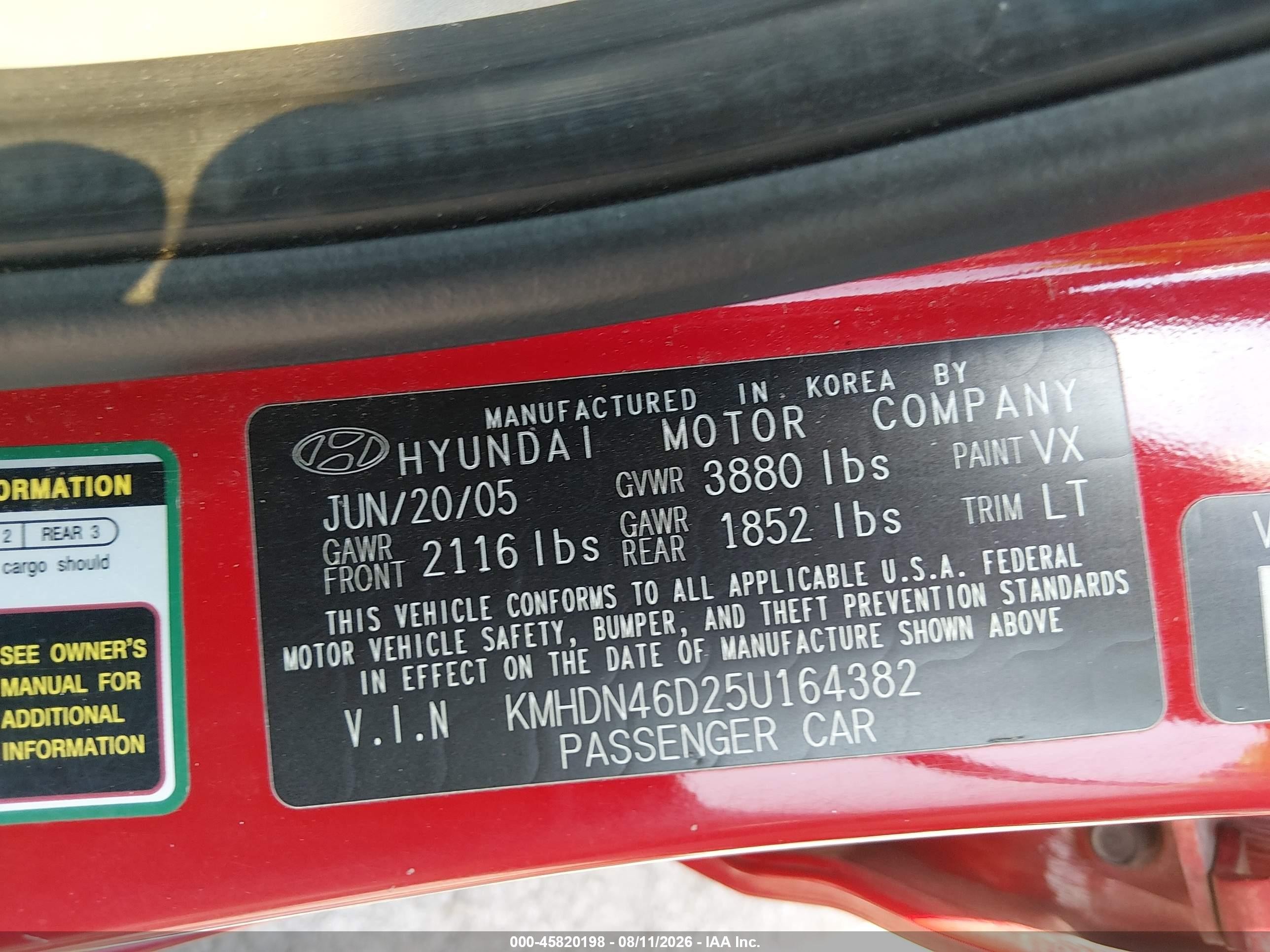 2005 Hyundai Elantra Gls/gt Red vin: KMHDN46D25U164382