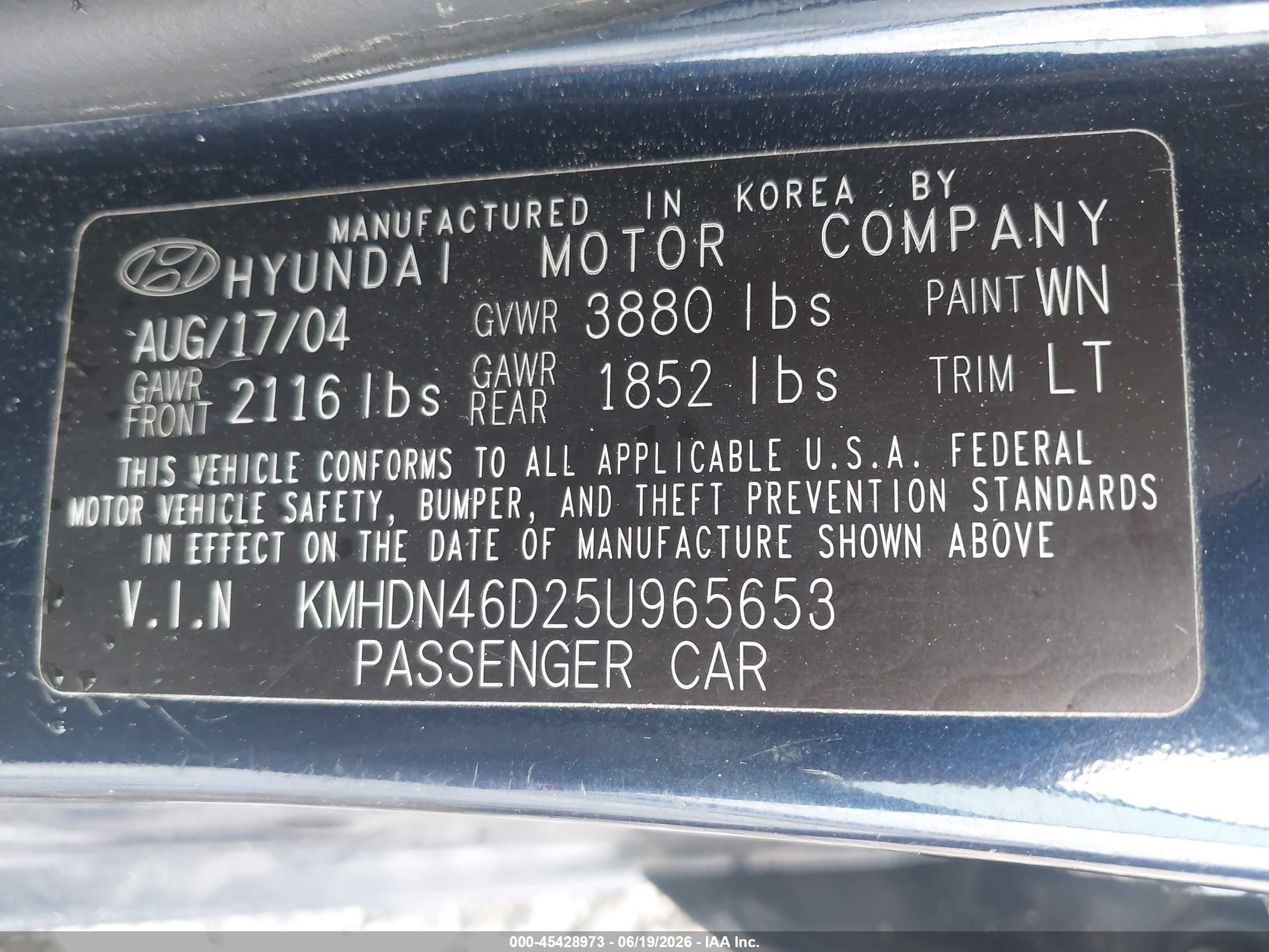 2005 Hyundai Elantra Gls/gt Dark Blue vin: KMHDN46D25U965653