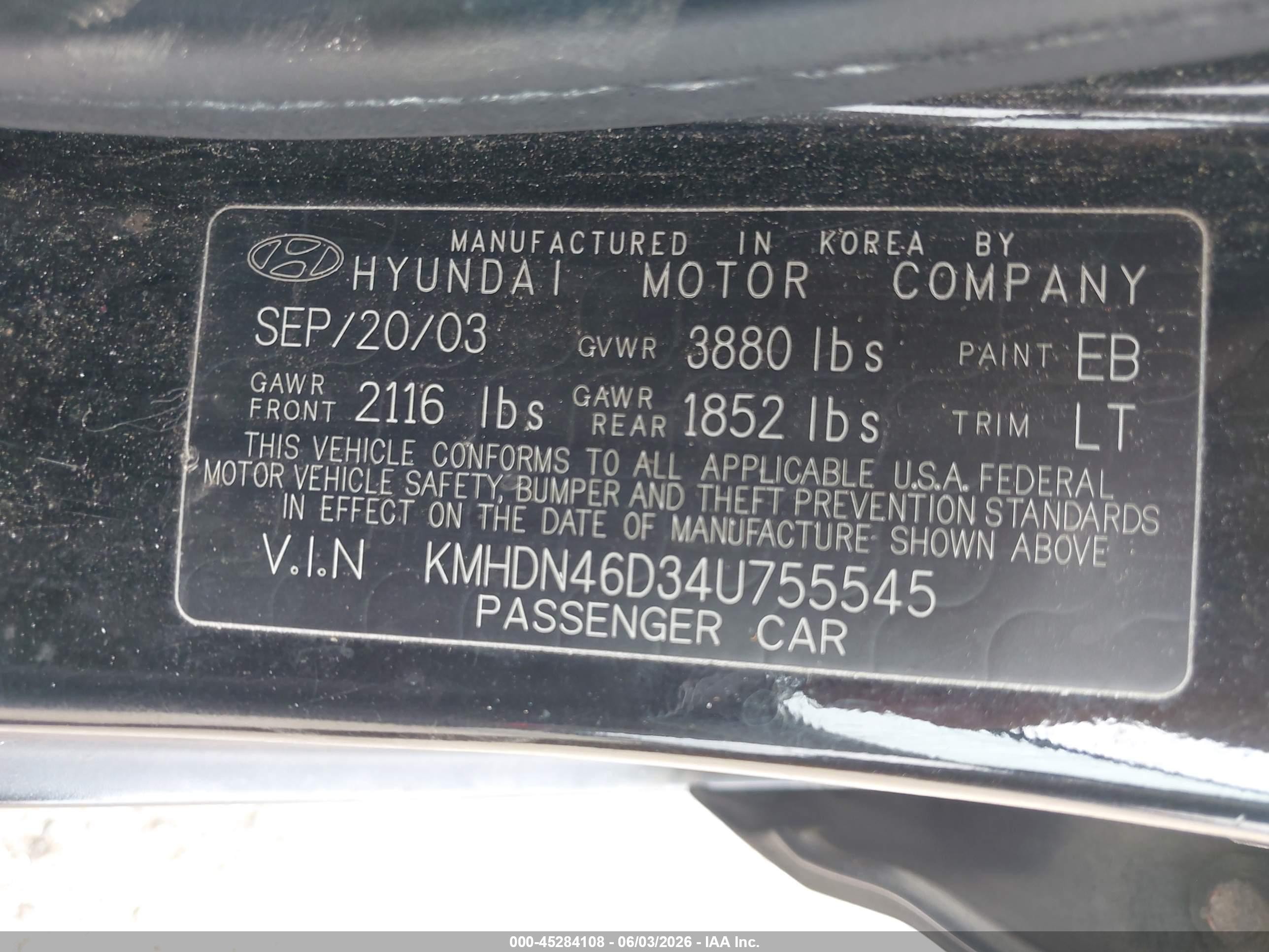 2004 Hyundai Elantra Gls/gt Black vin: KMHDN46D34U755545