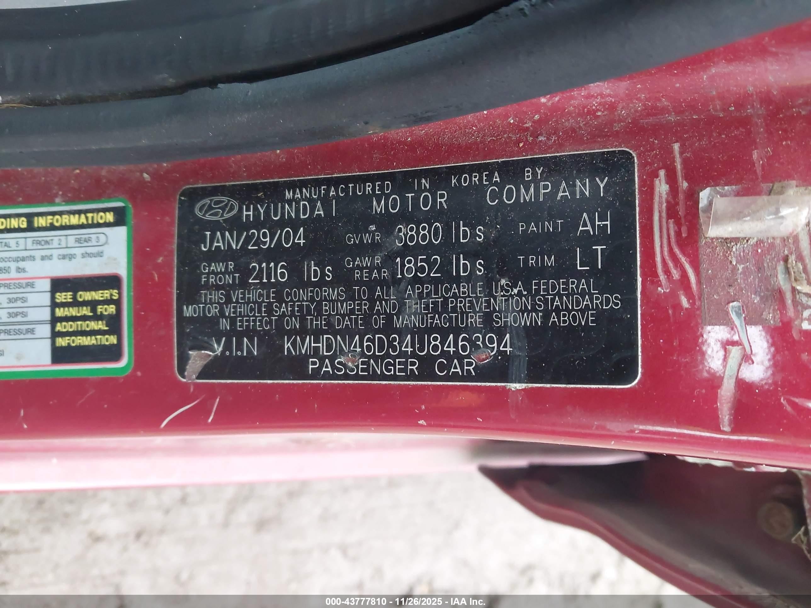 2004 Hyundai Elantra Gls/gt Red vin: KMHDN46D34U846394