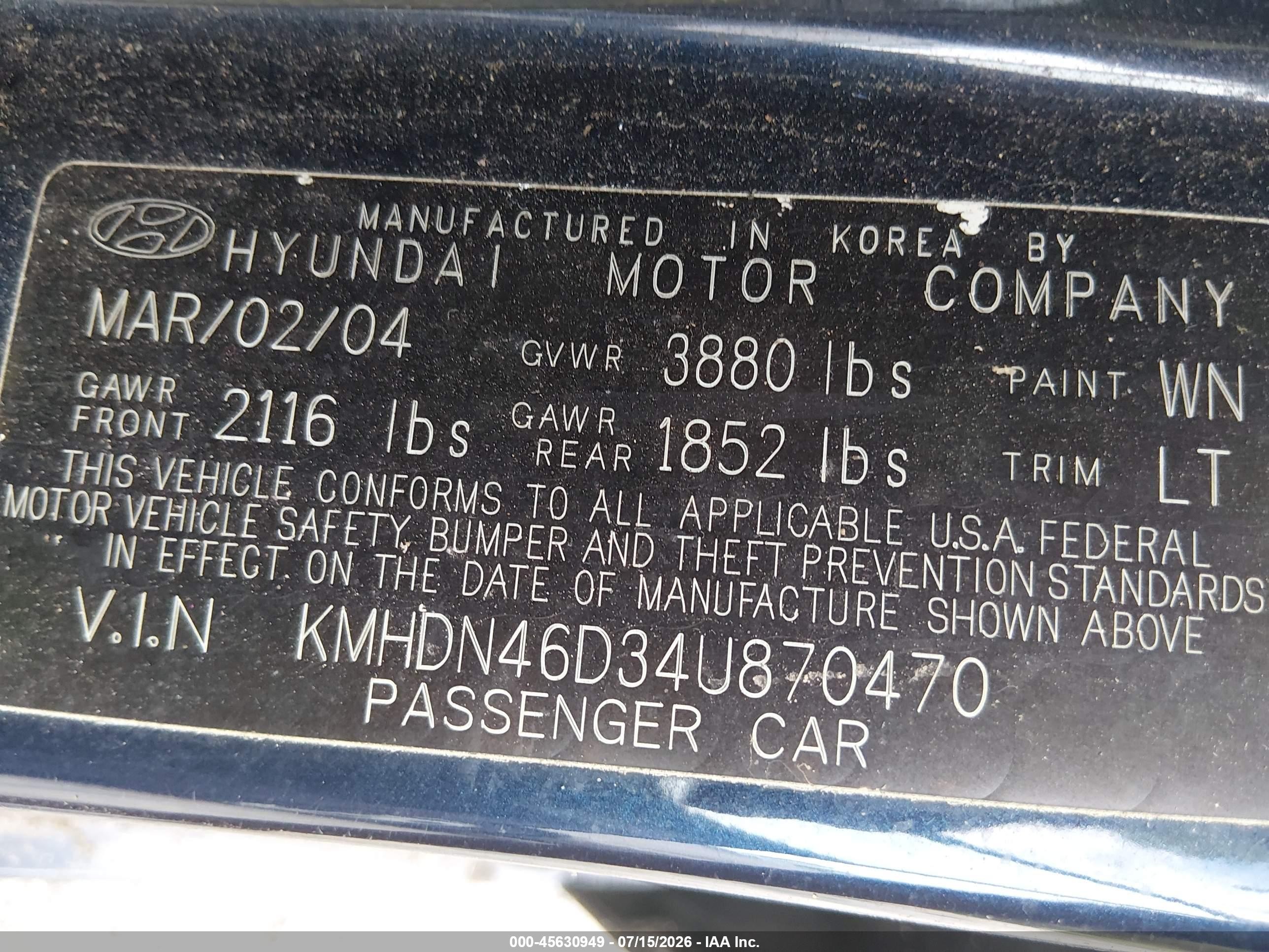 2004 Hyundai Elantra Gls/gt Navy vin: KMHDN46D34U870470