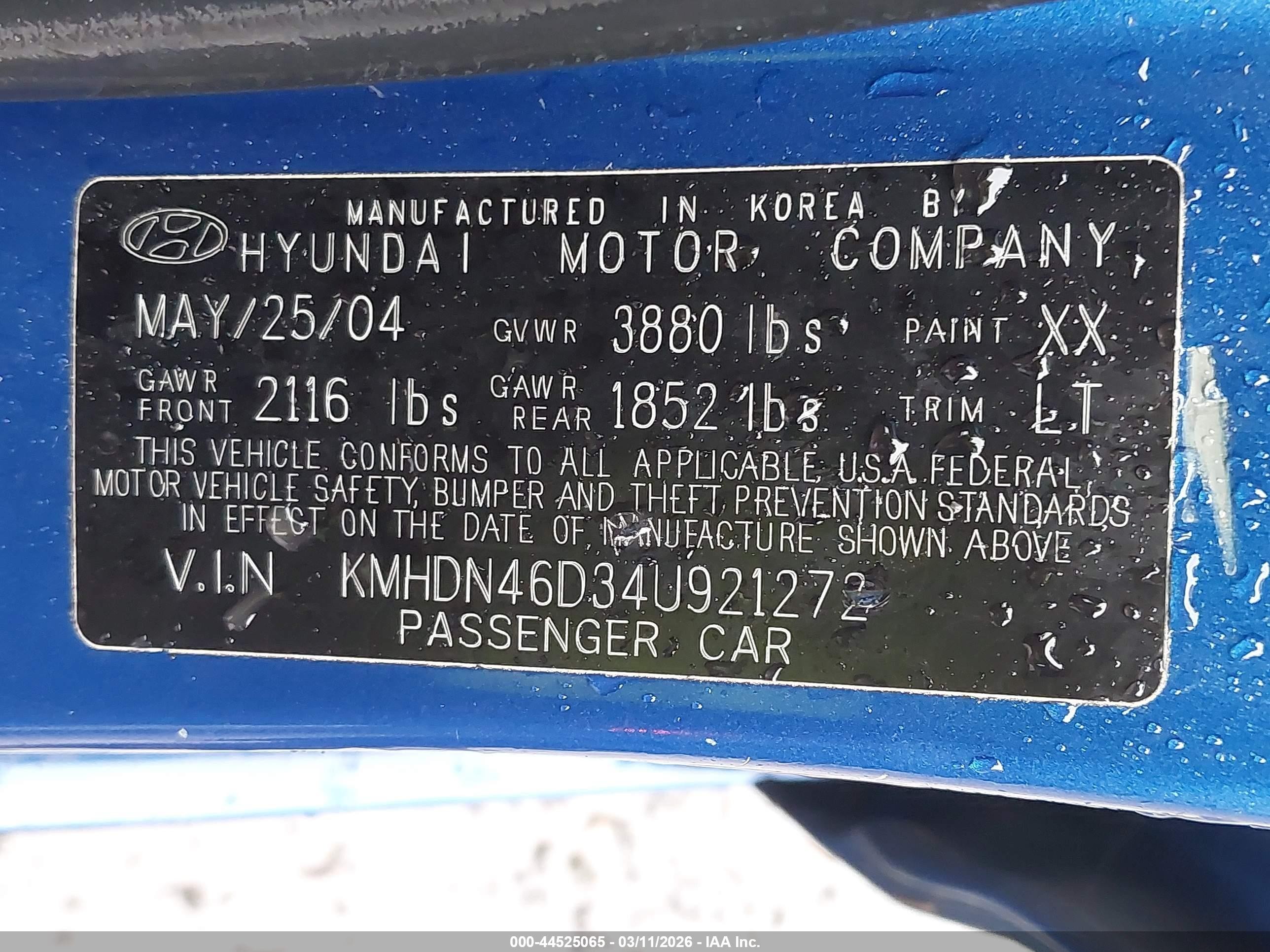 2004 Hyundai Elantra Gls/gt Blue vin: KMHDN46D34U921272