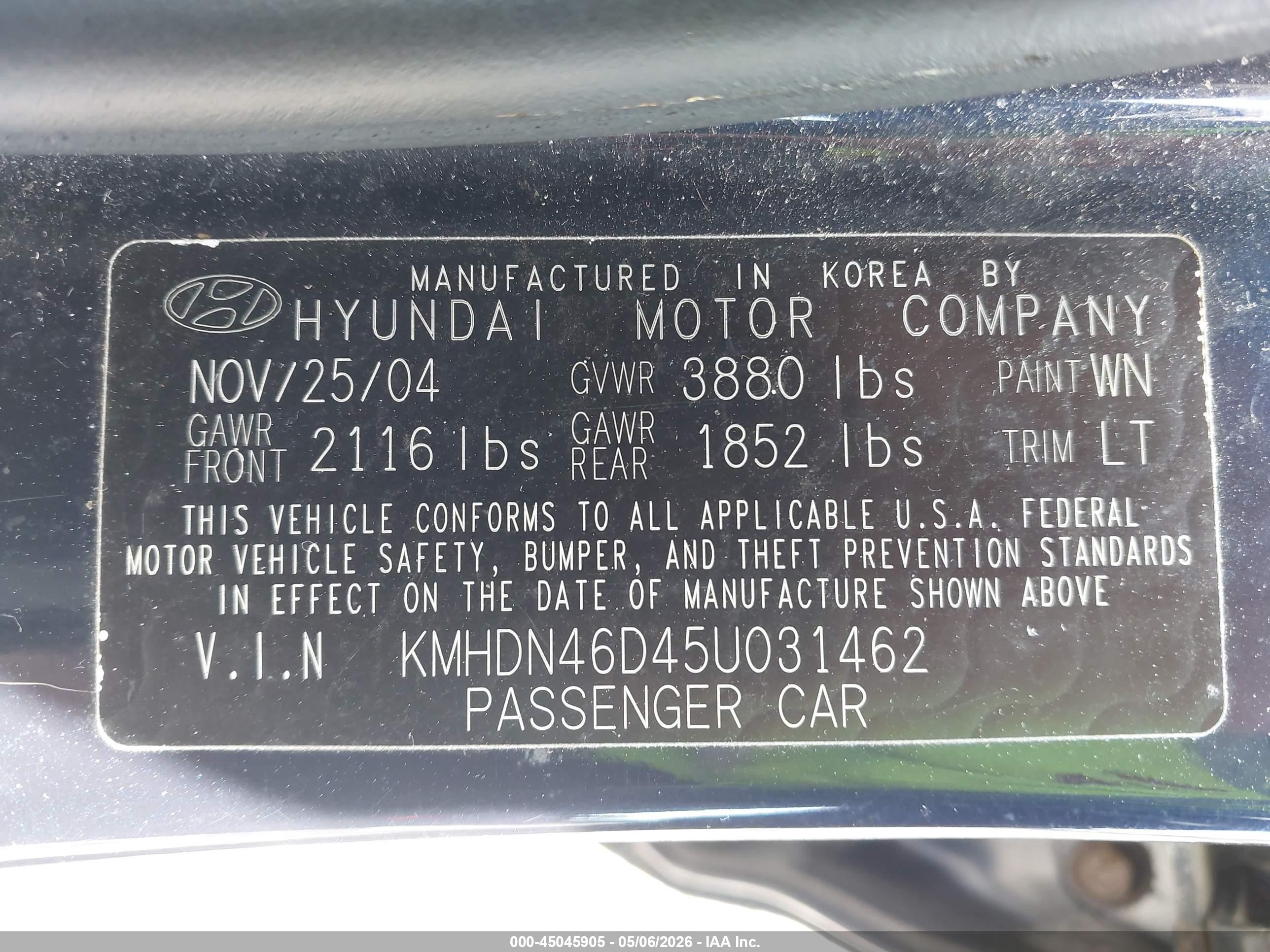 2005 Hyundai Elantra Gls/gt Navy vin: KMHDN46D45U031462
