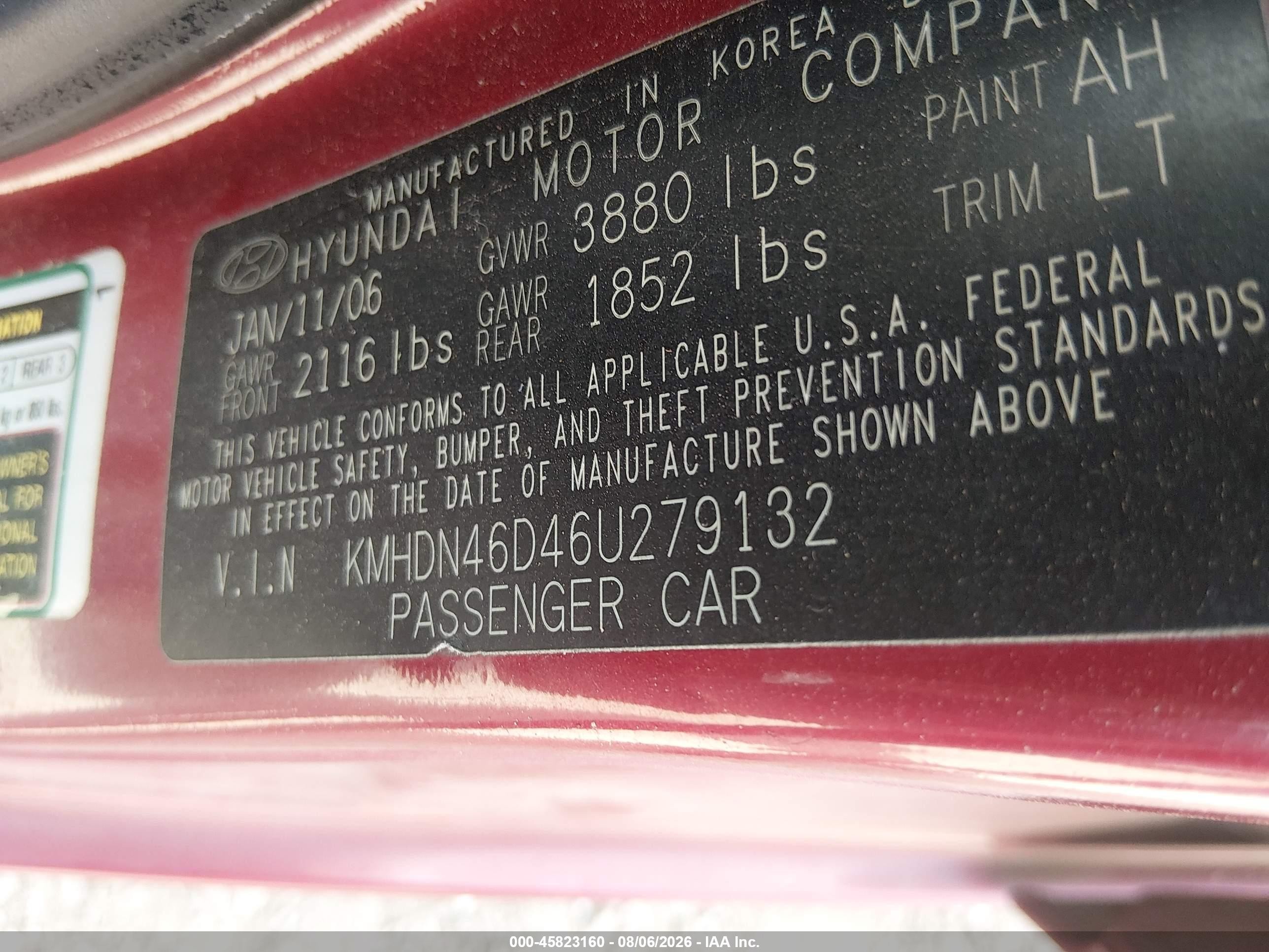 2006 Hyundai Elantra Gls/limited Maroon vin: KMHDN46D46U279132