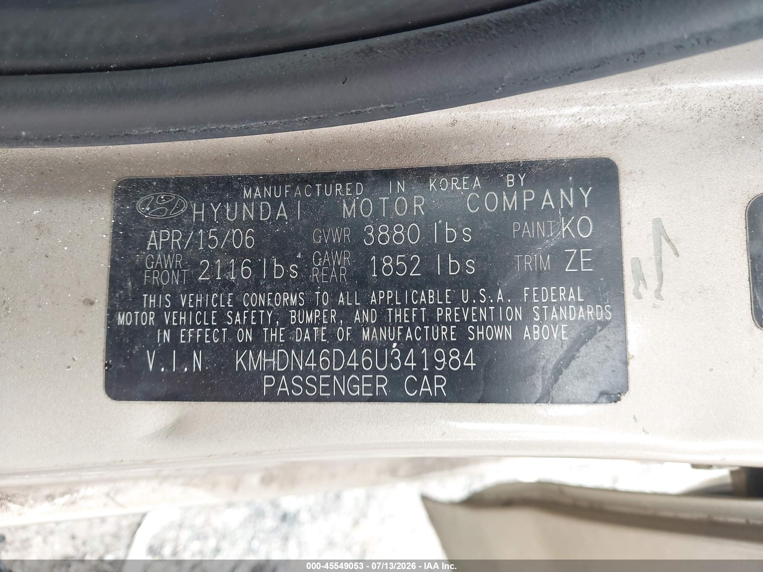 2006 Hyundai Elantra Gls/limited Tan vin: KMHDN46D46U341984