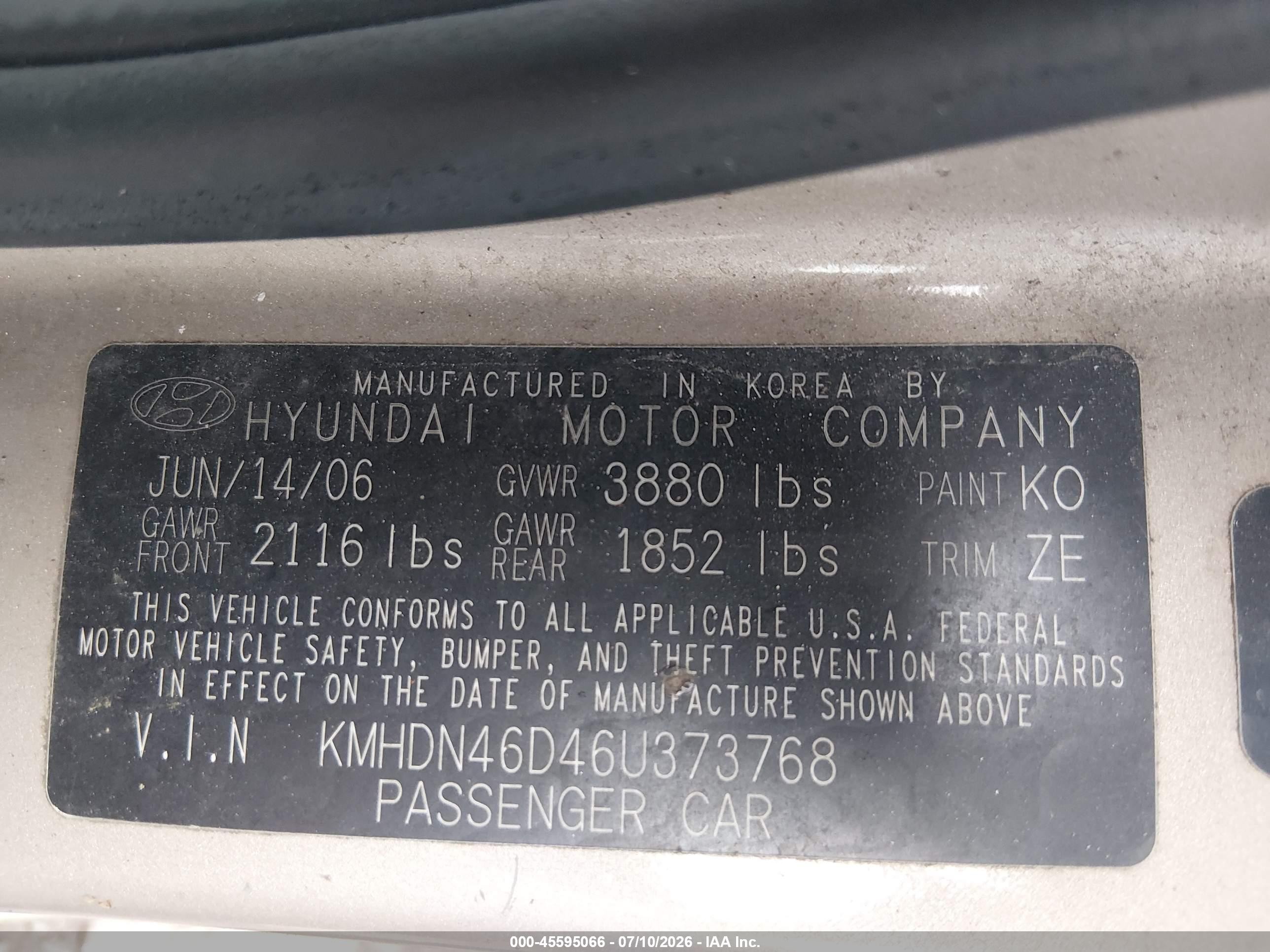 2006 Hyundai Elantra Gls/limited Gold vin: KMHDN46D46U373768