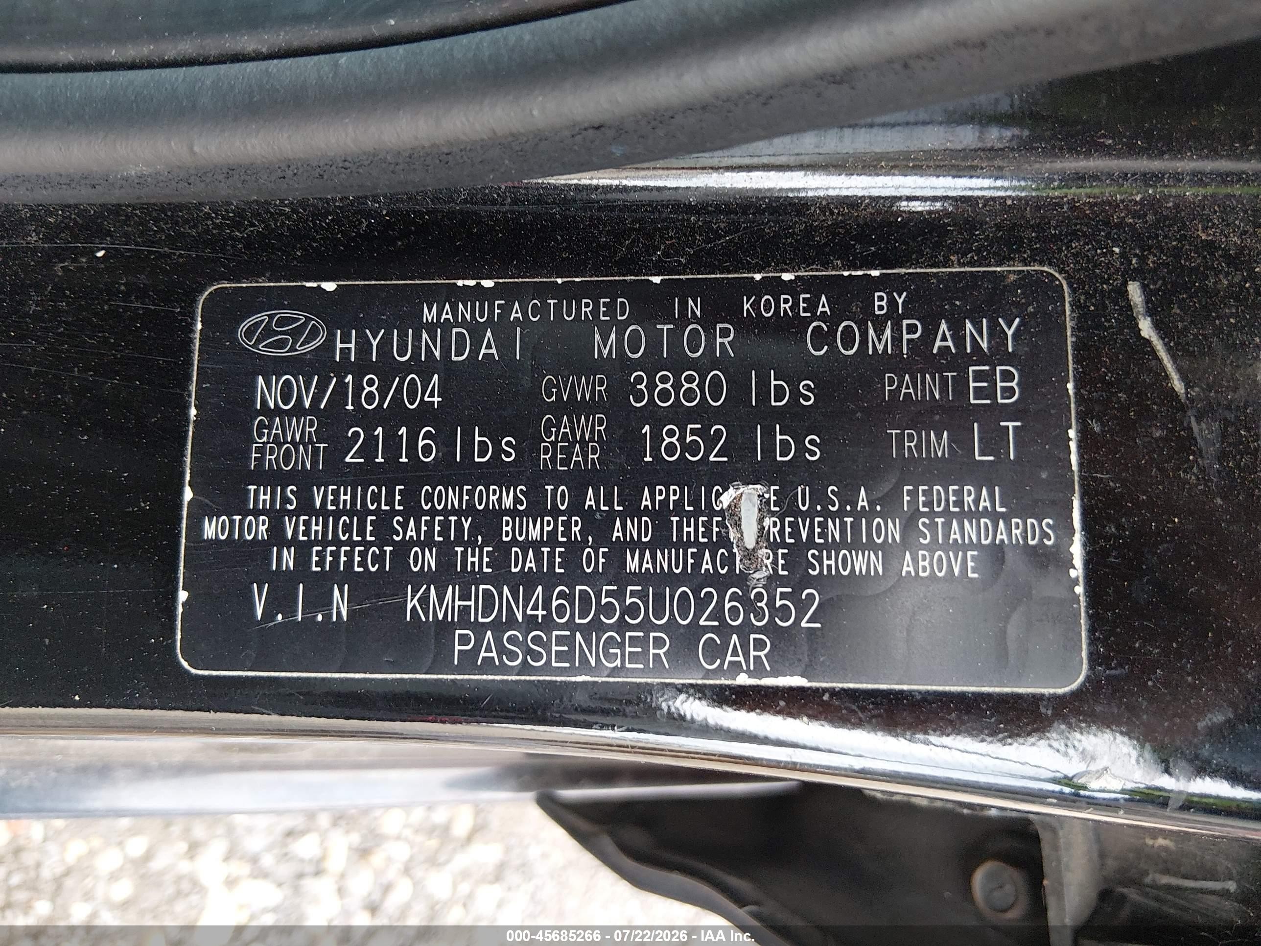 2005 Hyundai Elantra Gls/gt Black vin: KMHDN46D55U026352