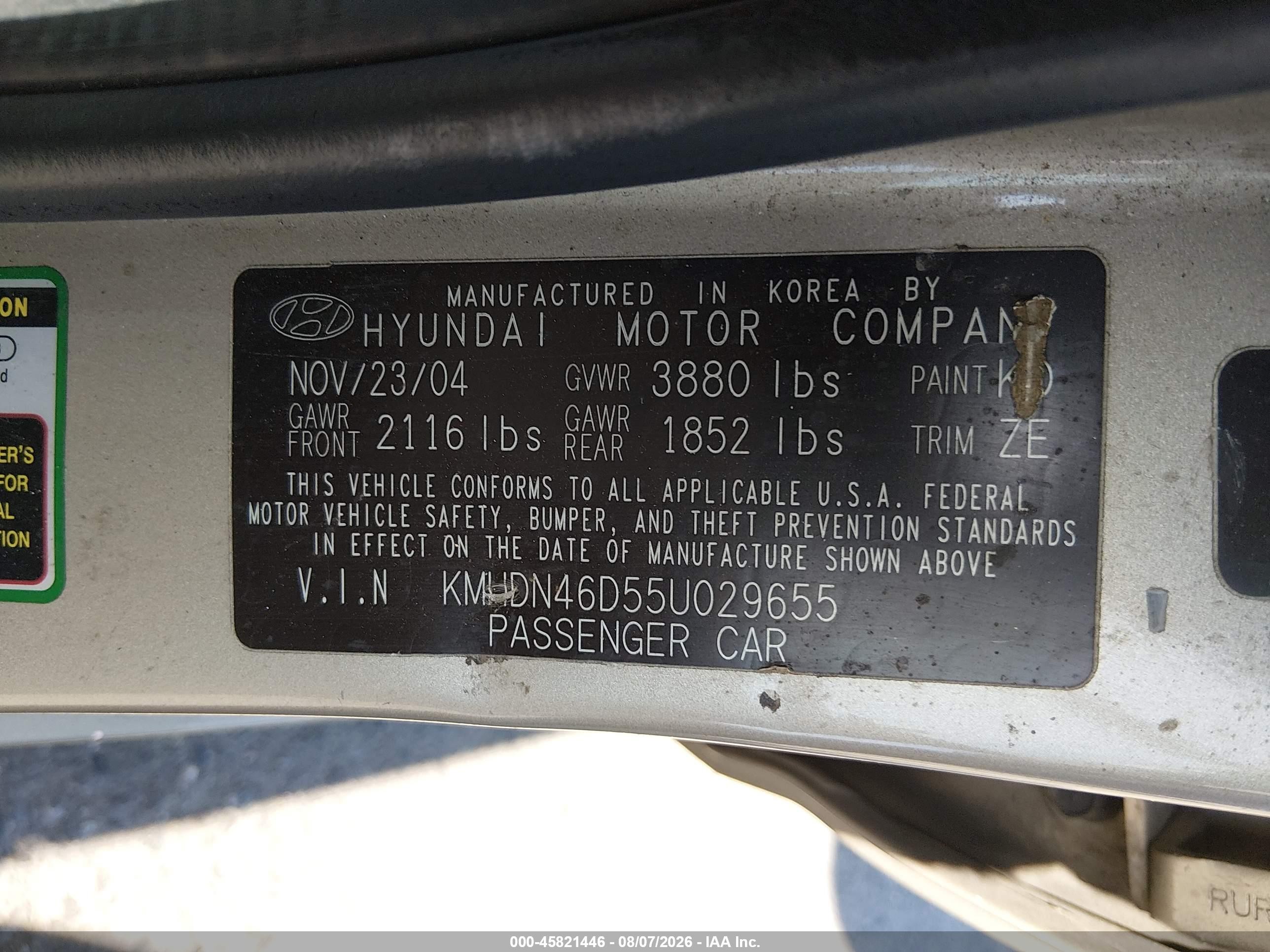 2005 Hyundai Elantra Gls/gt Champagne vin: KMHDN46D55U029655