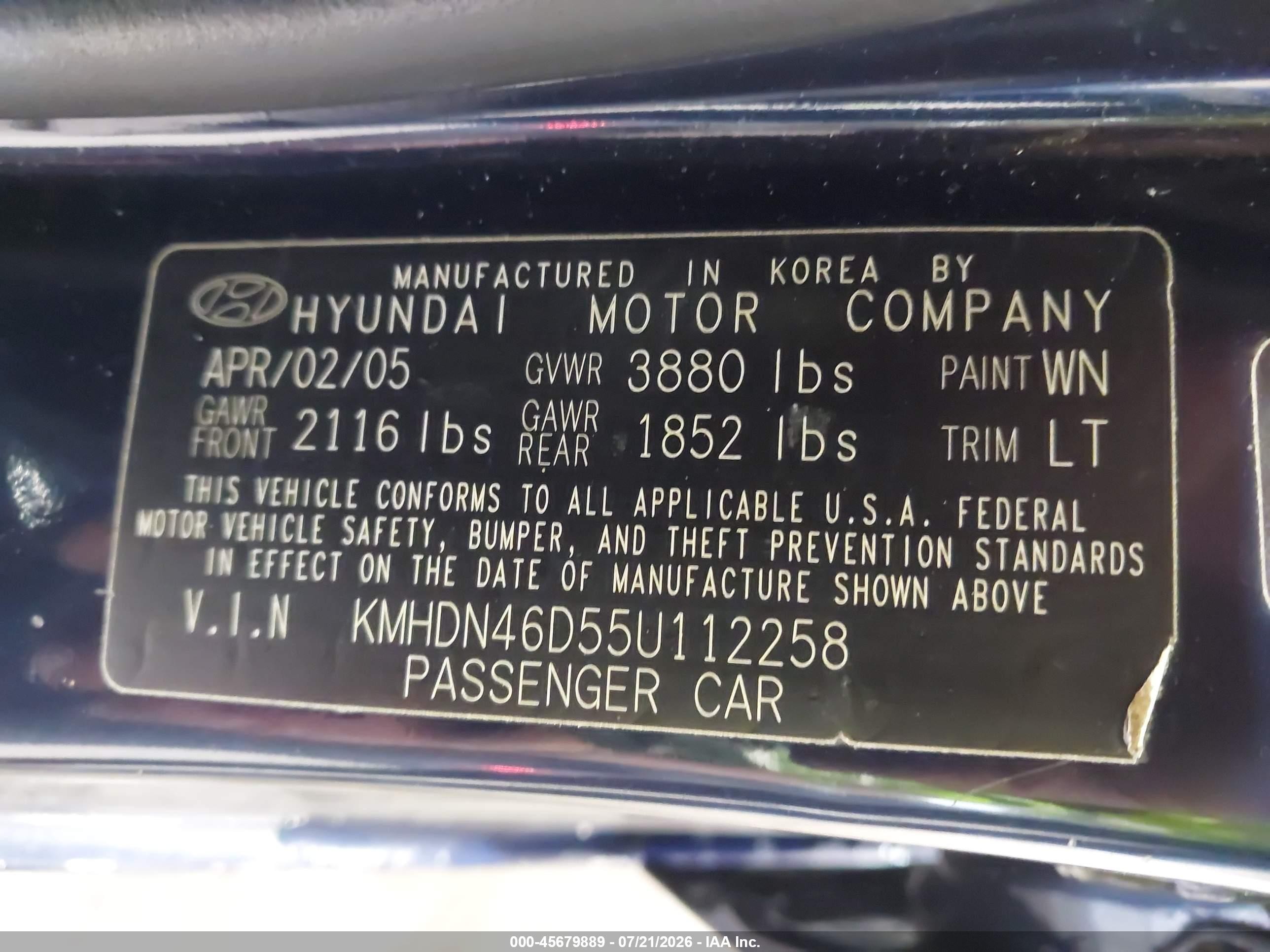 2005 Hyundai Elantra Gls/gt Navy vin: KMHDN46D55U112258