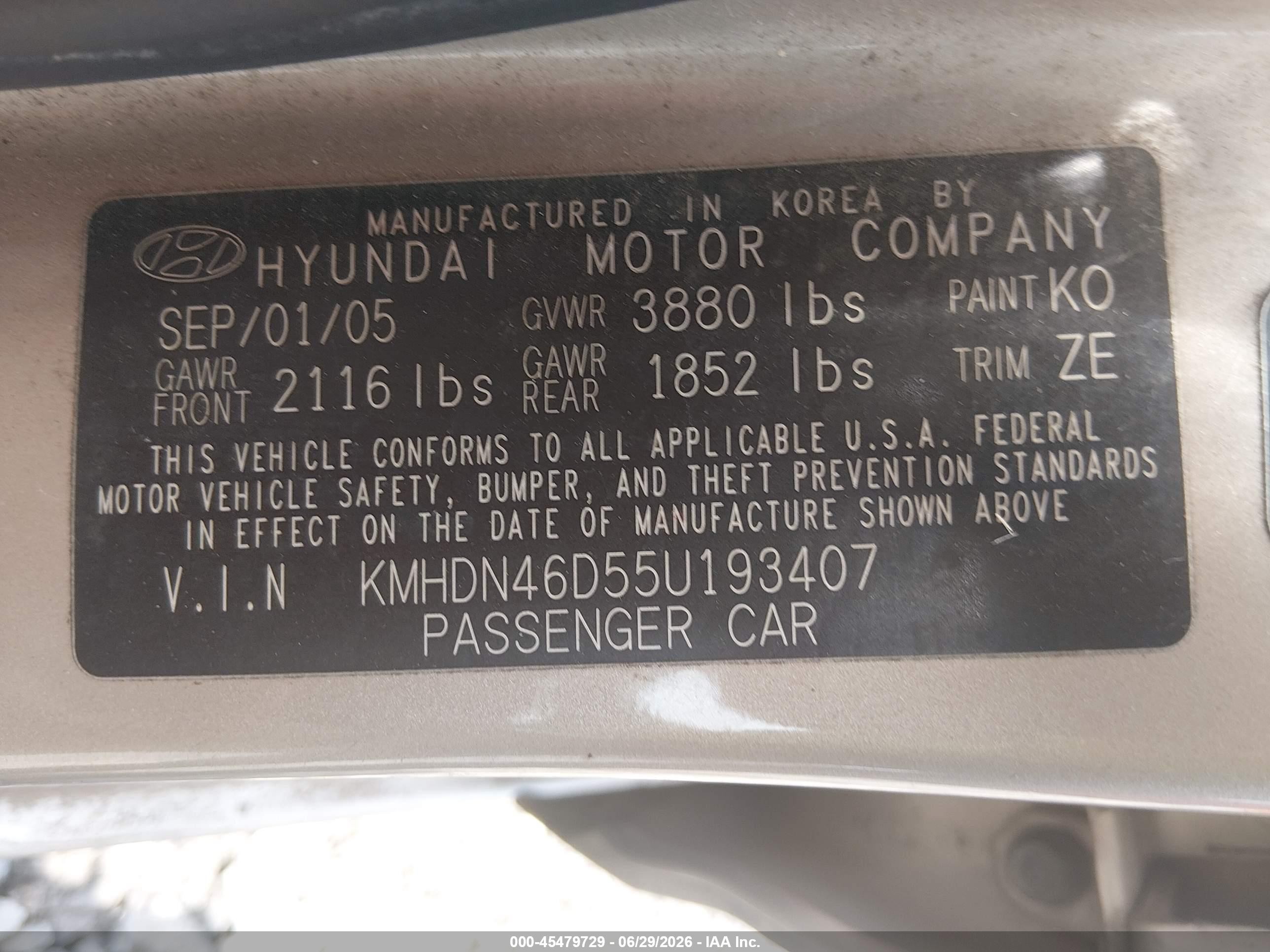 2005 Hyundai Elantra Gls/gt Tan vin: KMHDN46D55U193407