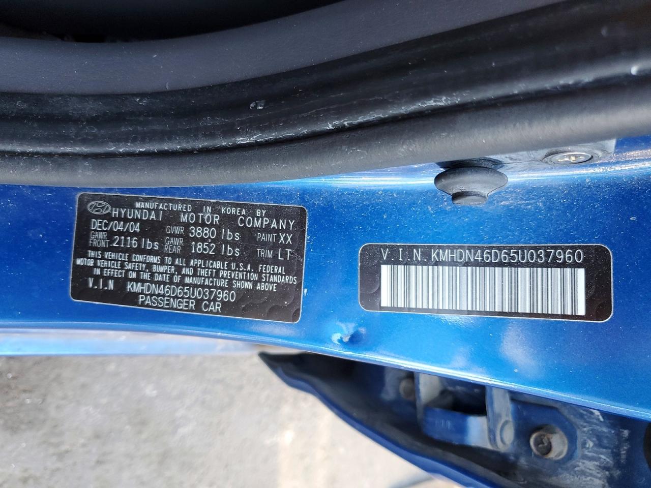 2005 Hyundai Elantra Gls Blue vin: KMHDN46D65U037960