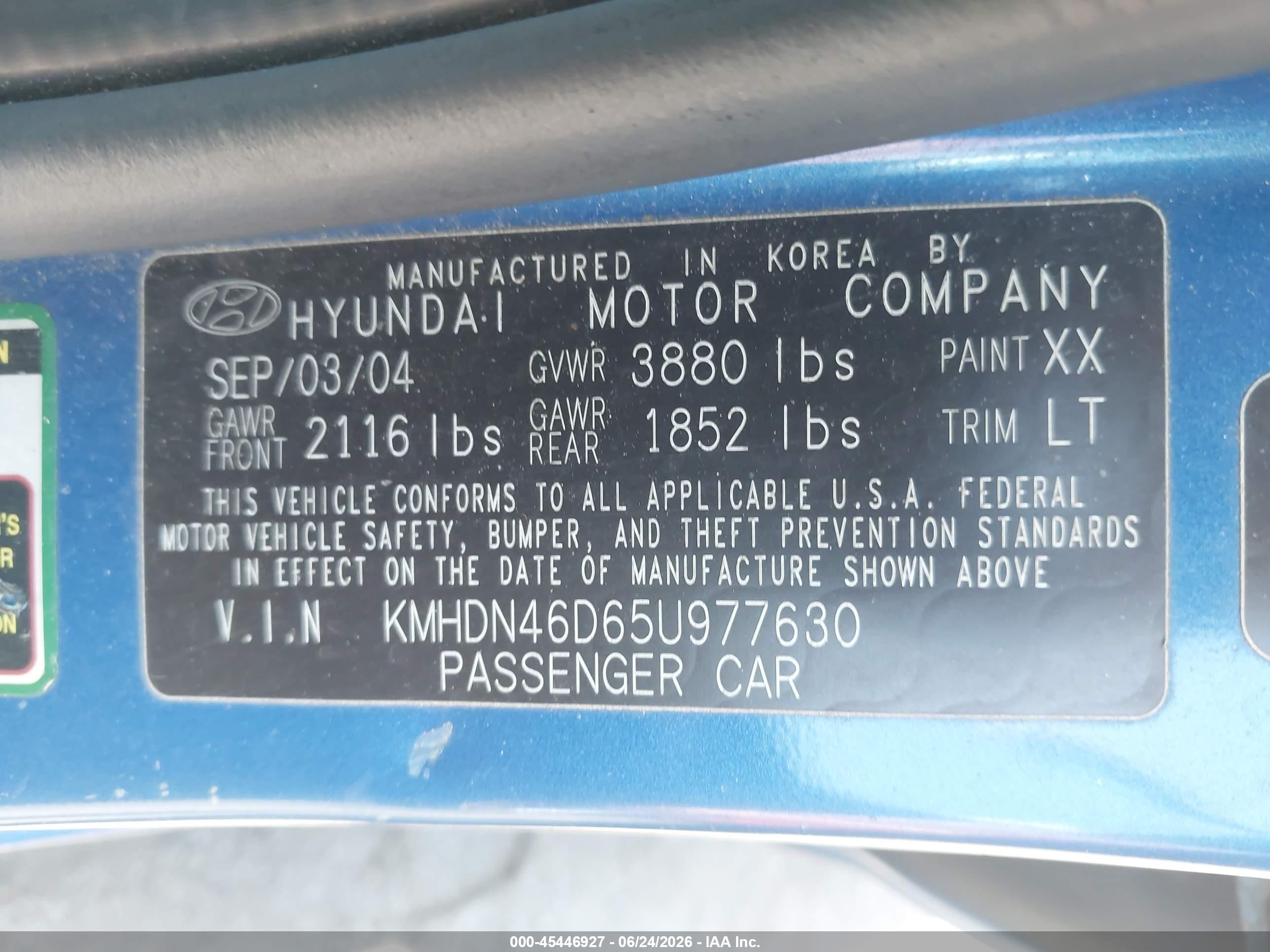 2005 Hyundai Elantra Gls/gt Blue vin: KMHDN46D65U977630