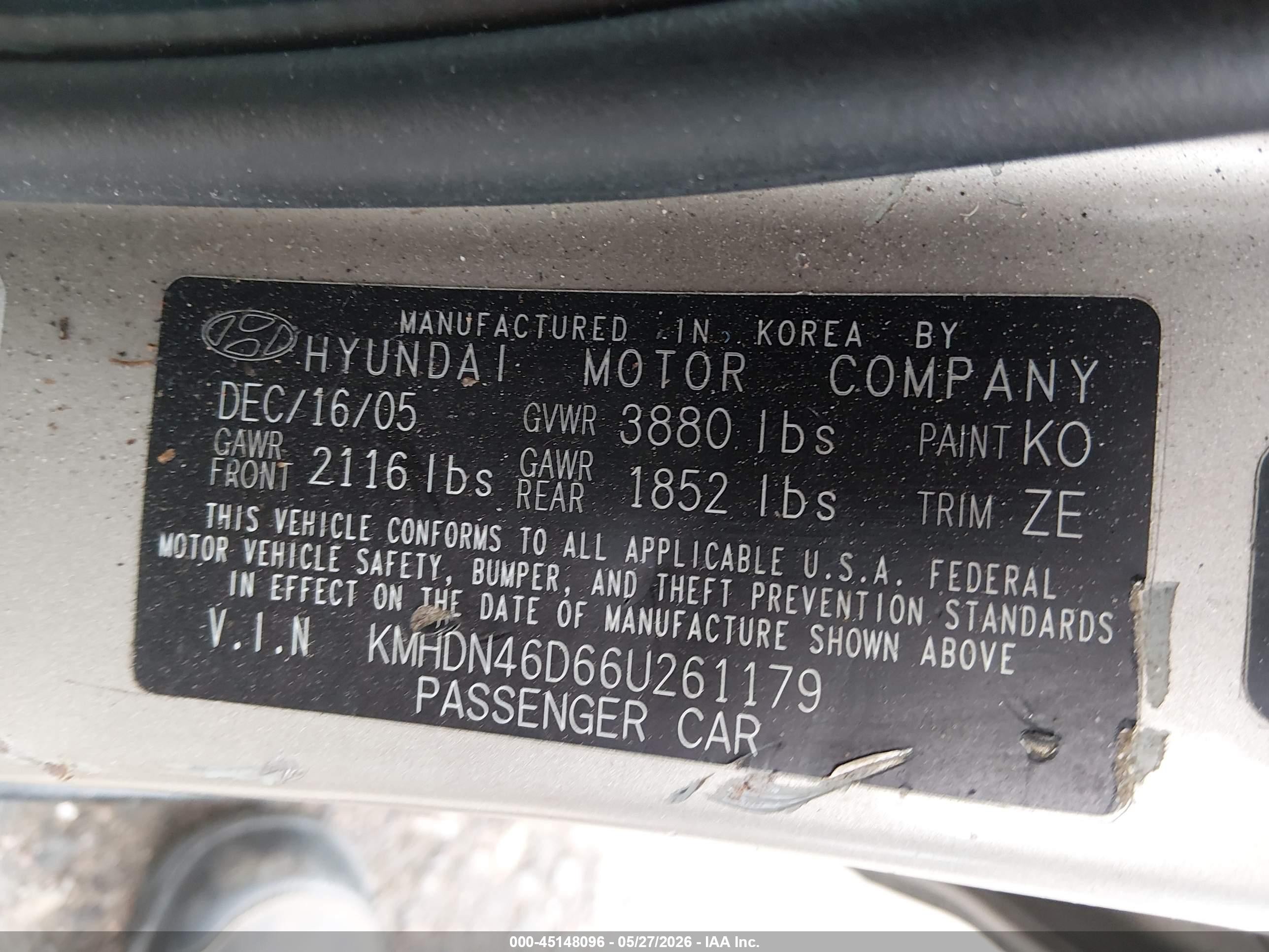 2006 Hyundai Elantra Gls/limited Черный vin: KMHDN46D66U261179