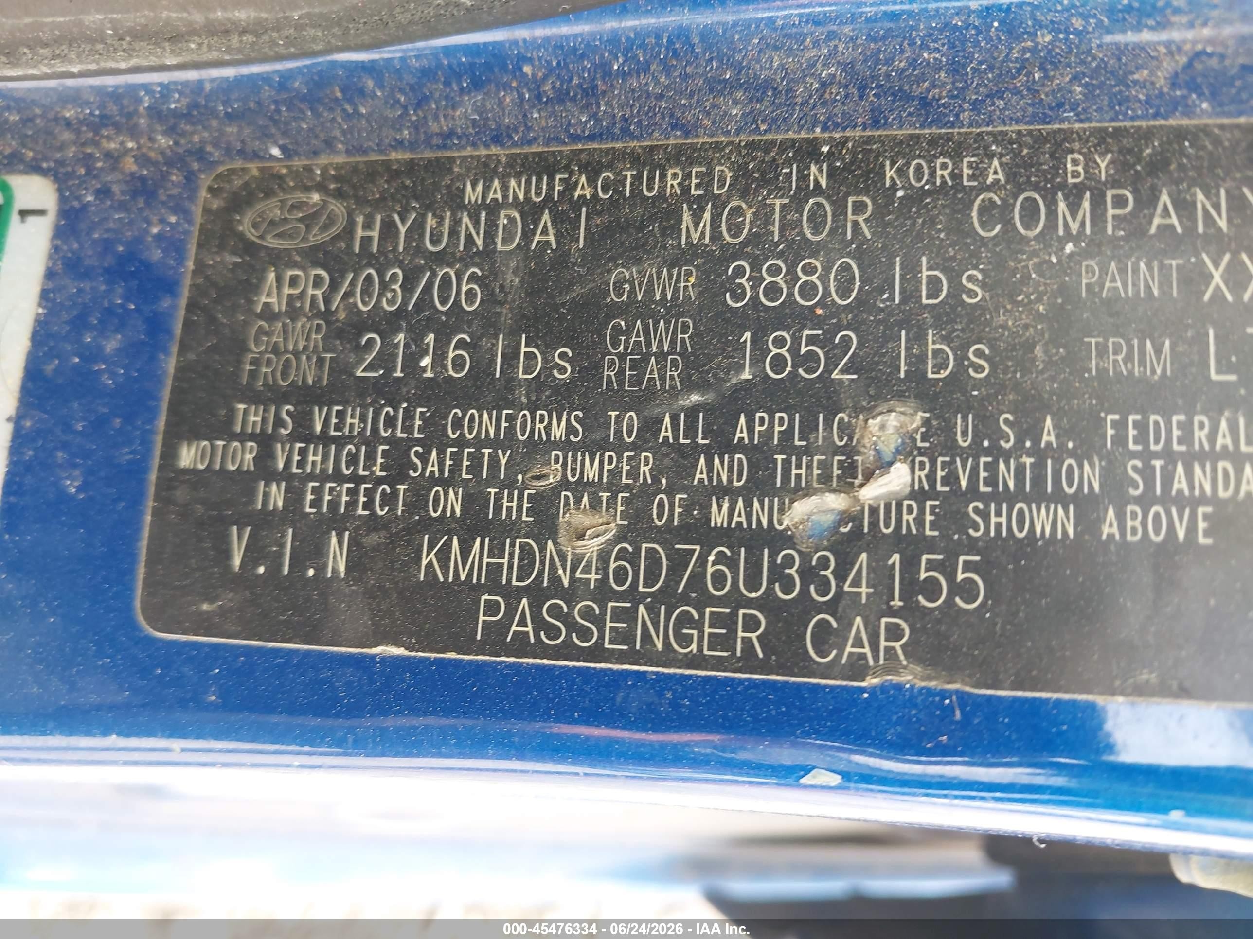 2006 Hyundai Elantra Gls/limited Blue vin: KMHDN46D76U334155