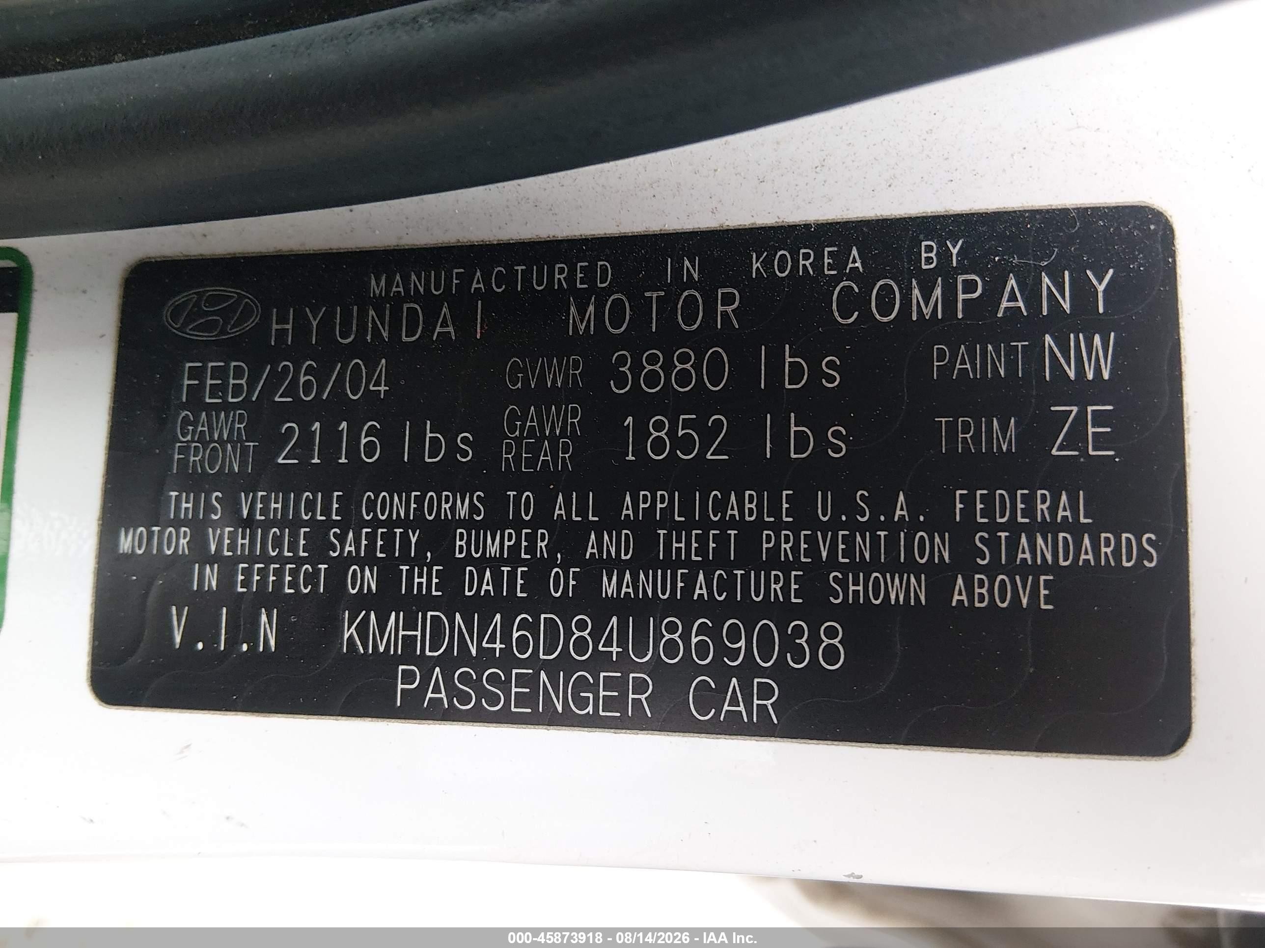 2004 Hyundai Elantra Gls/gt White vin: KMHDN46D84U869038