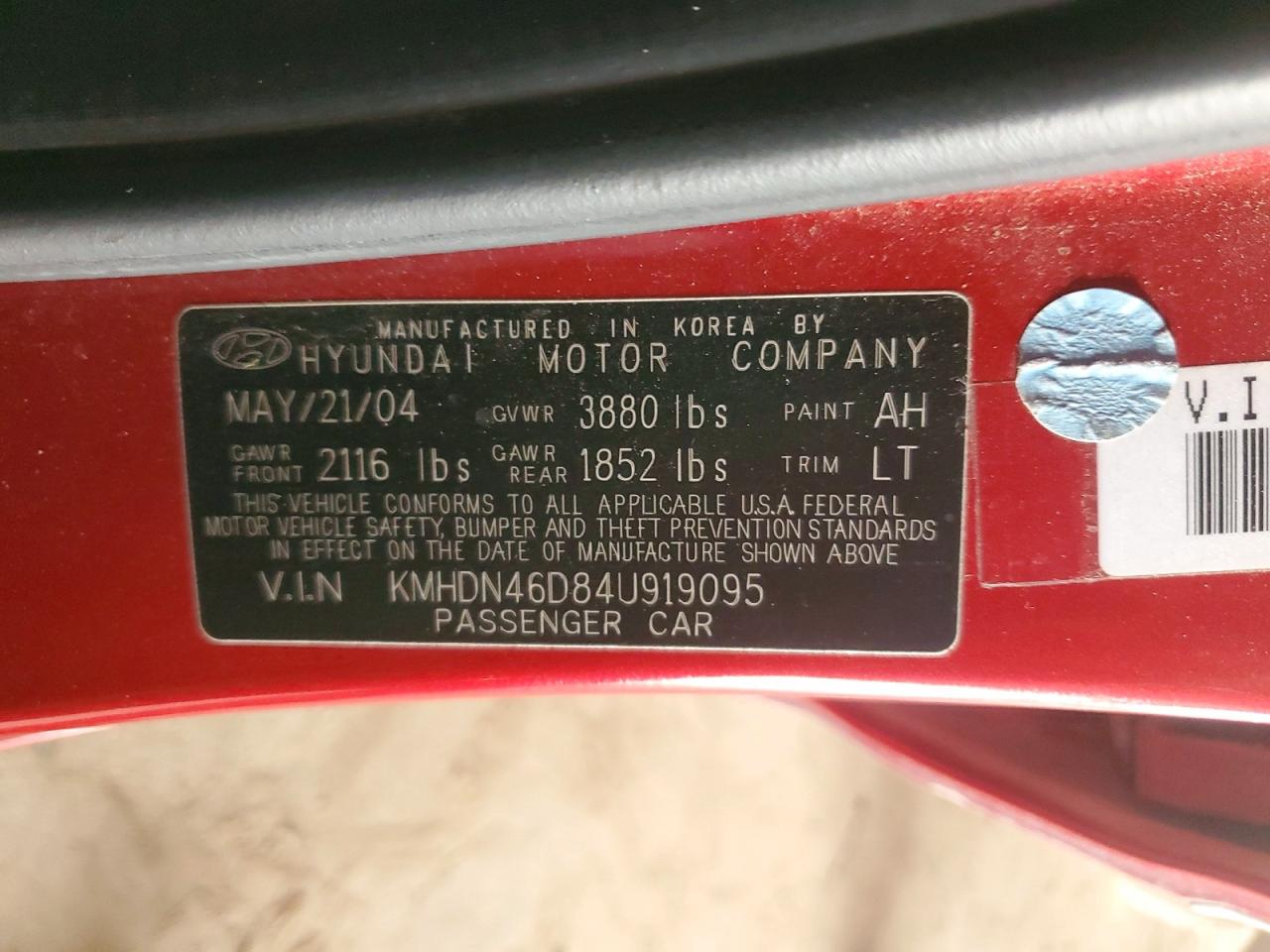 2004 Hyundai Elantra Gls Red vin: KMHDN46D84U919095