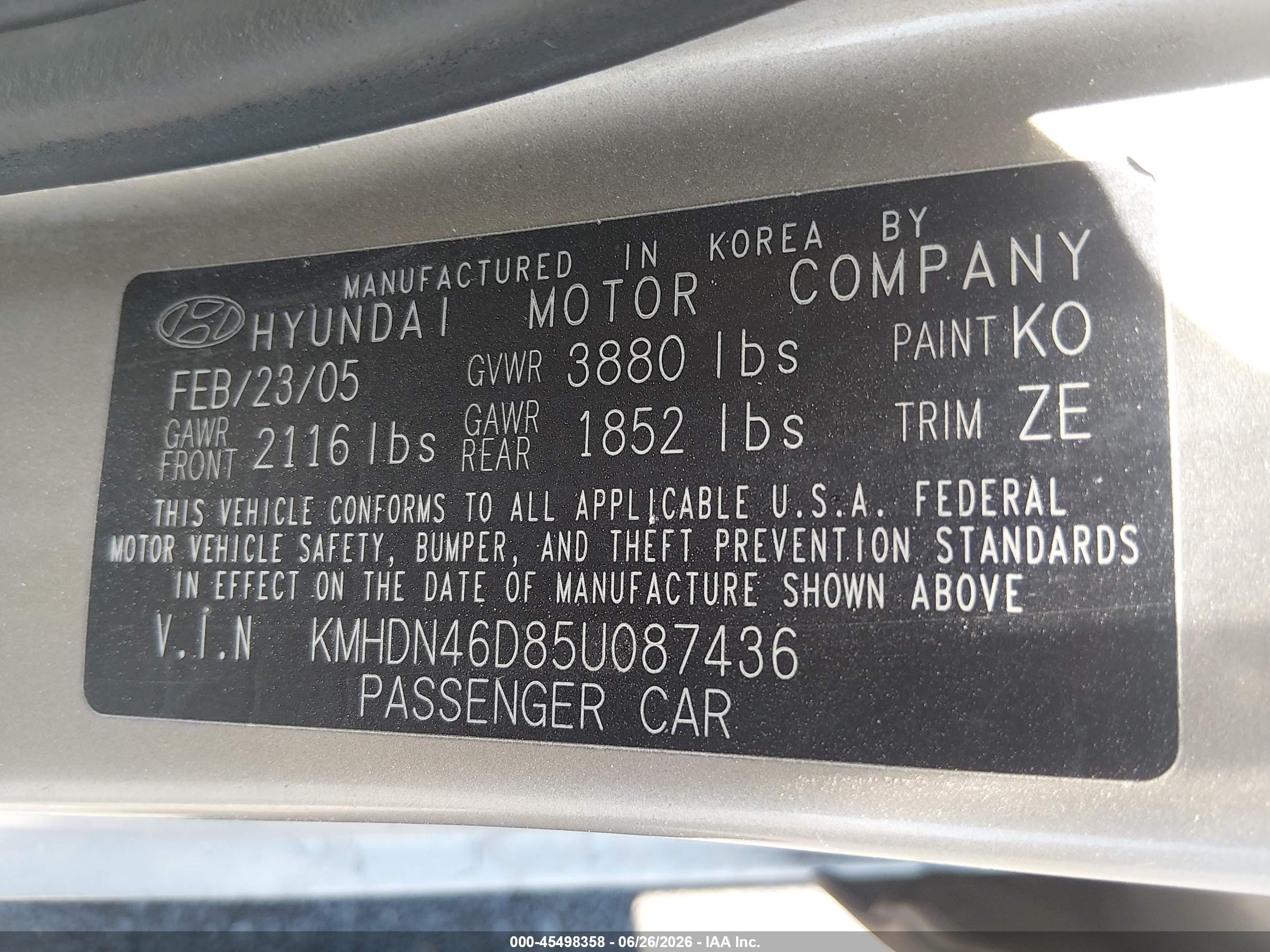 2005 Hyundai Elantra Gls/gt Gold vin: KMHDN46D85U087436