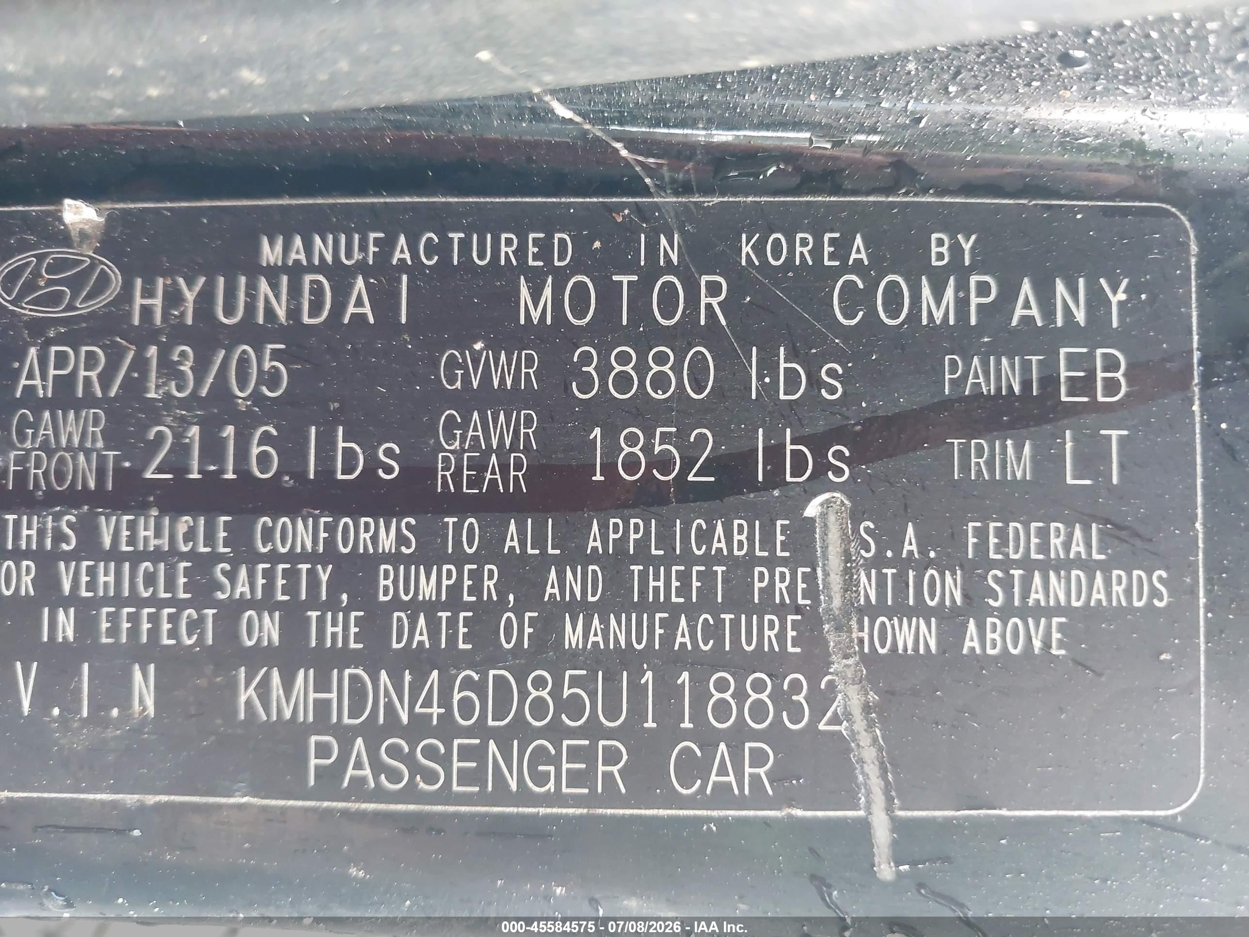 2005 Hyundai Elantra Gls/gt Black vin: KMHDN46D85U118832