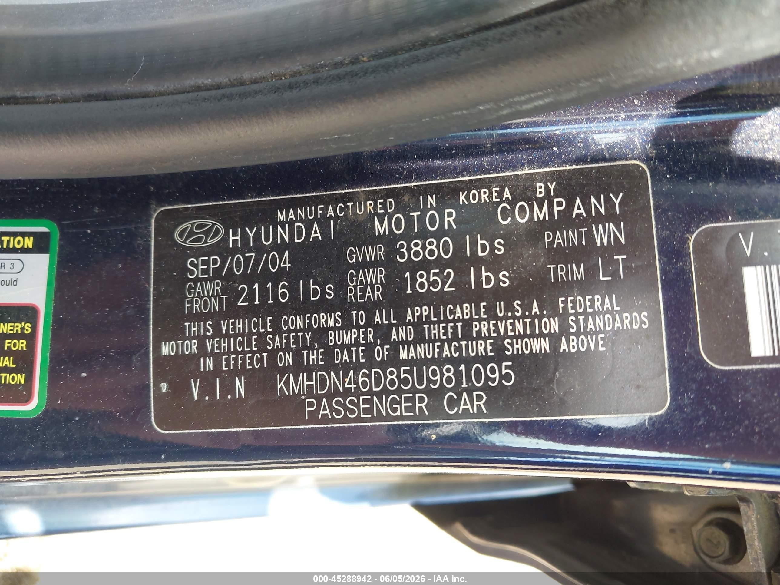2005 Hyundai Elantra Gls/gt Blue vin: KMHDN46D85U981095