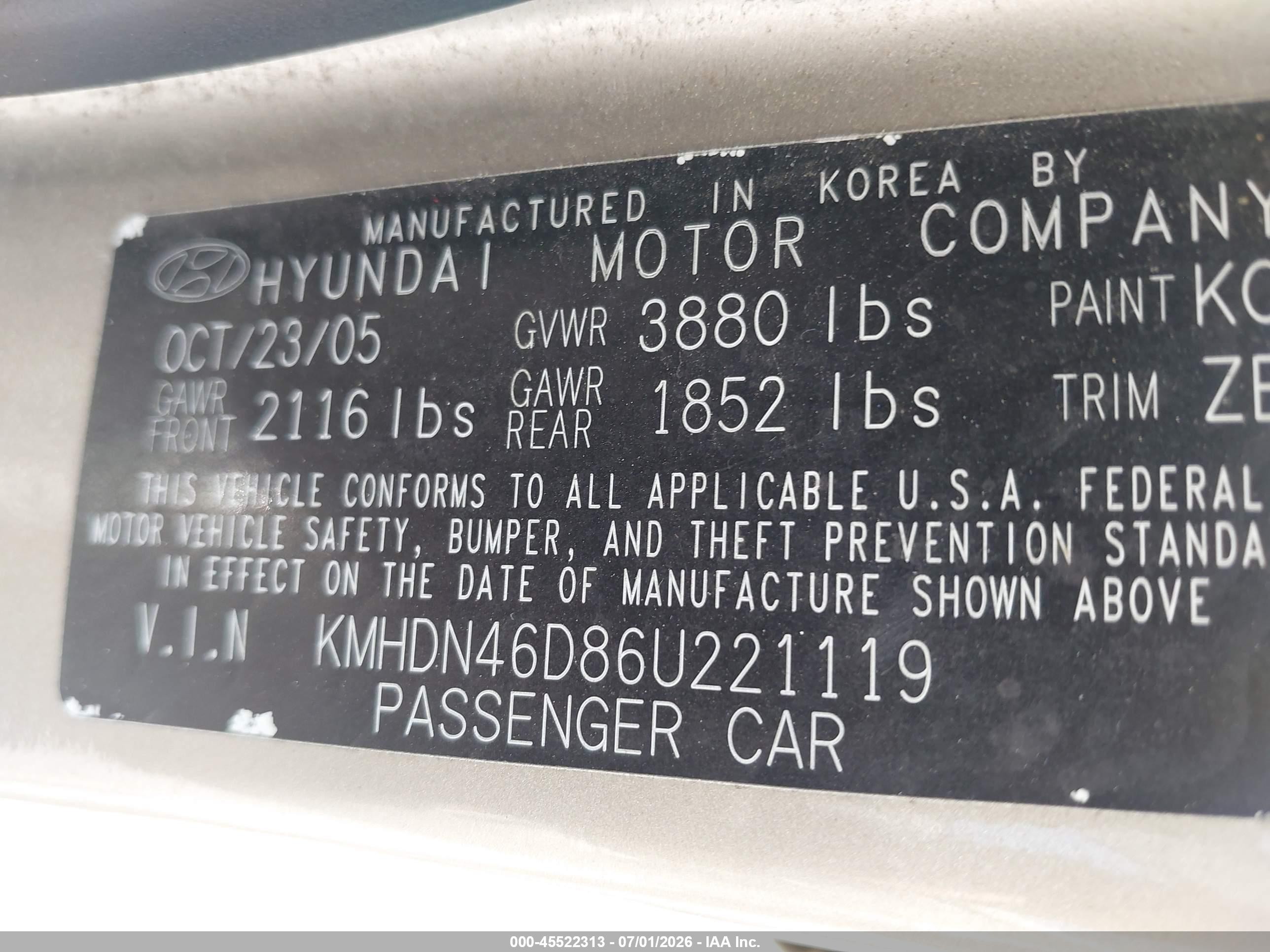 2006 Hyundai Elantra Gls/limited Gold vin: KMHDN46D86U221119