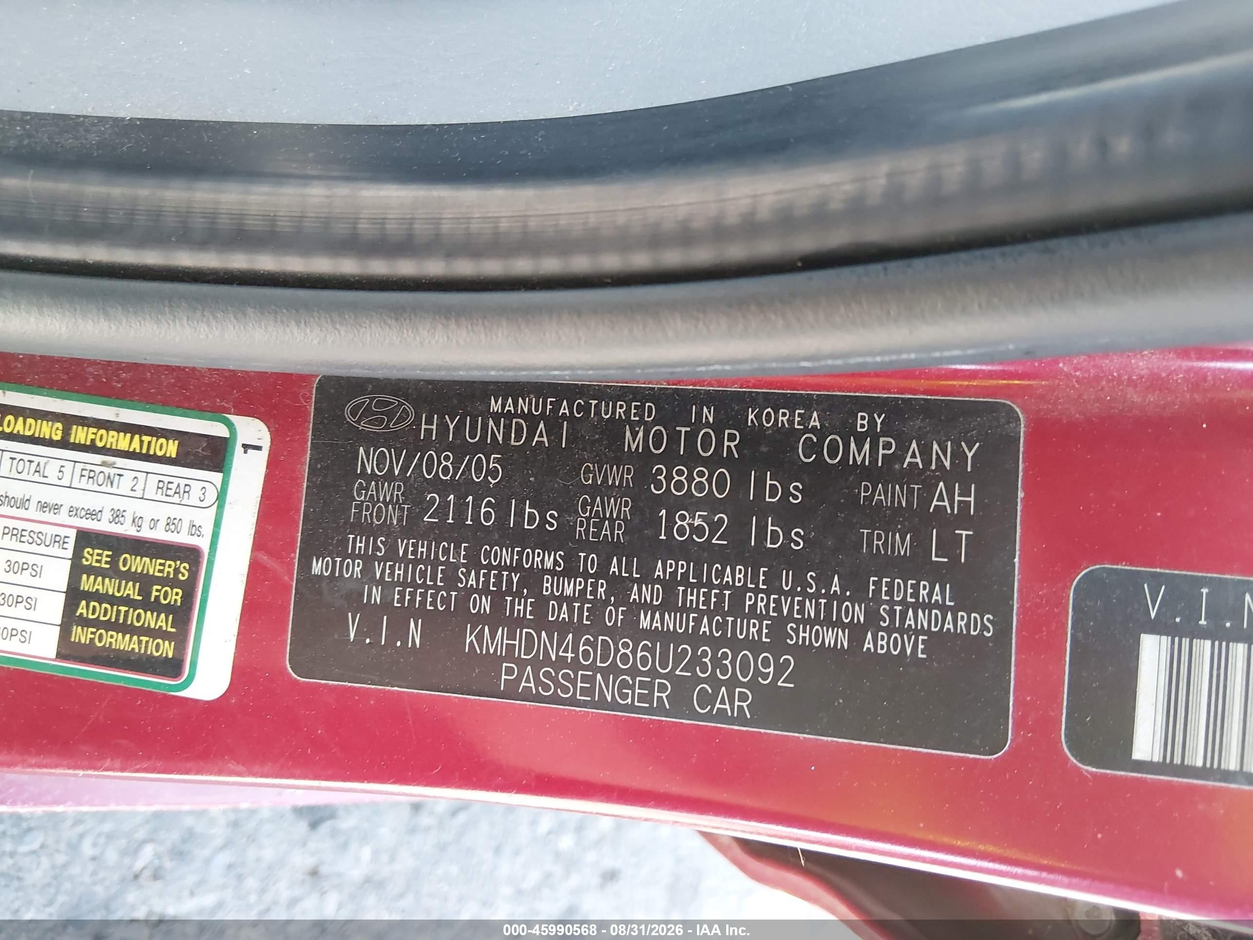 2006 Hyundai Elantra Gls/limited Red vin: KMHDN46D86U233092