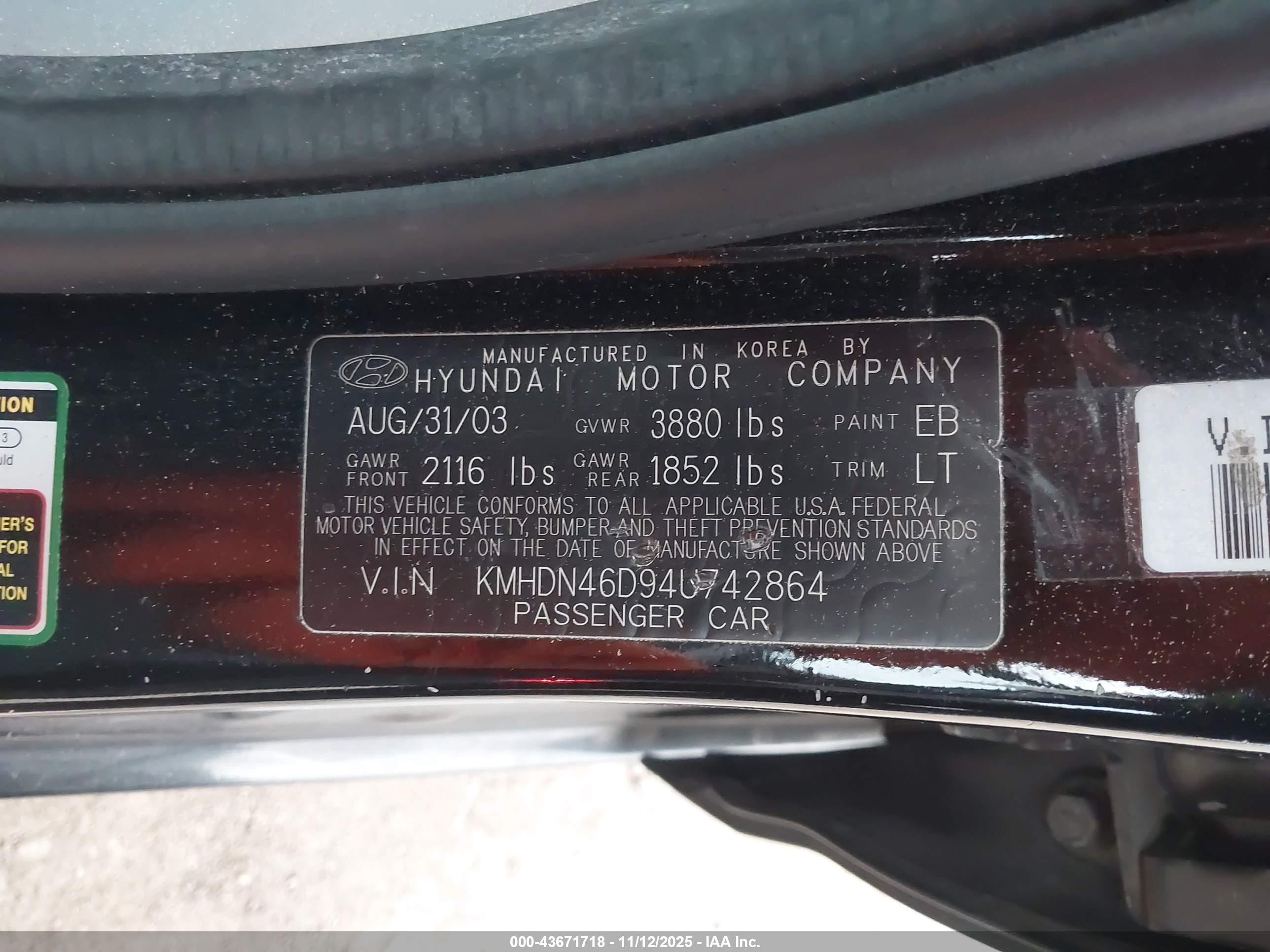 2004 Hyundai Elantra Gls/gt Black vin: KMHDN46D94U742864