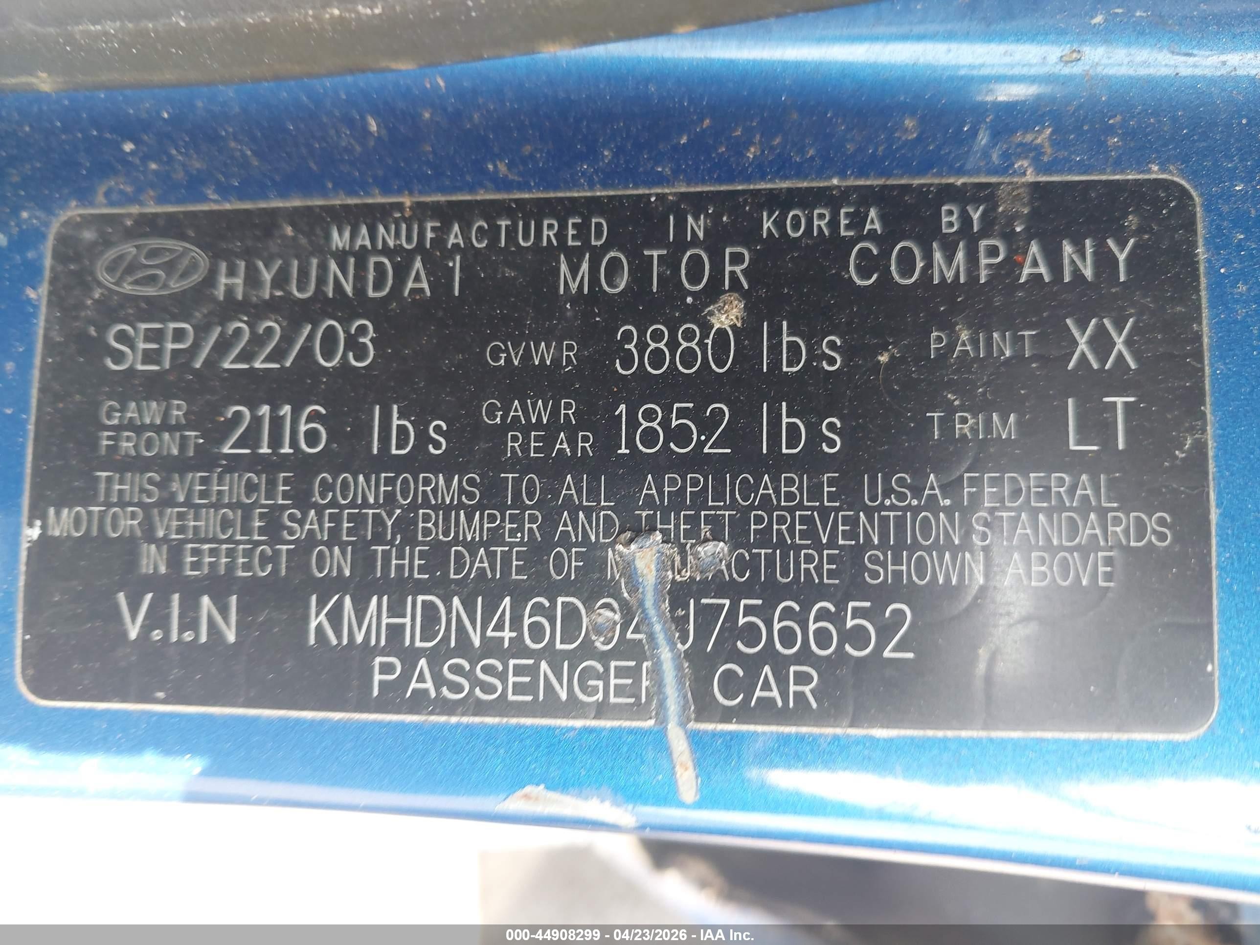 2004 Hyundai Elantra Gls/gt Blue vin: KMHDN46D94U756652