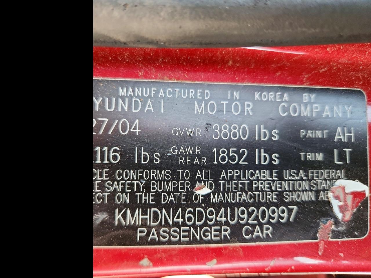 2004 Hyundai Elantra Gls Red vin: KMHDN46D94U920997