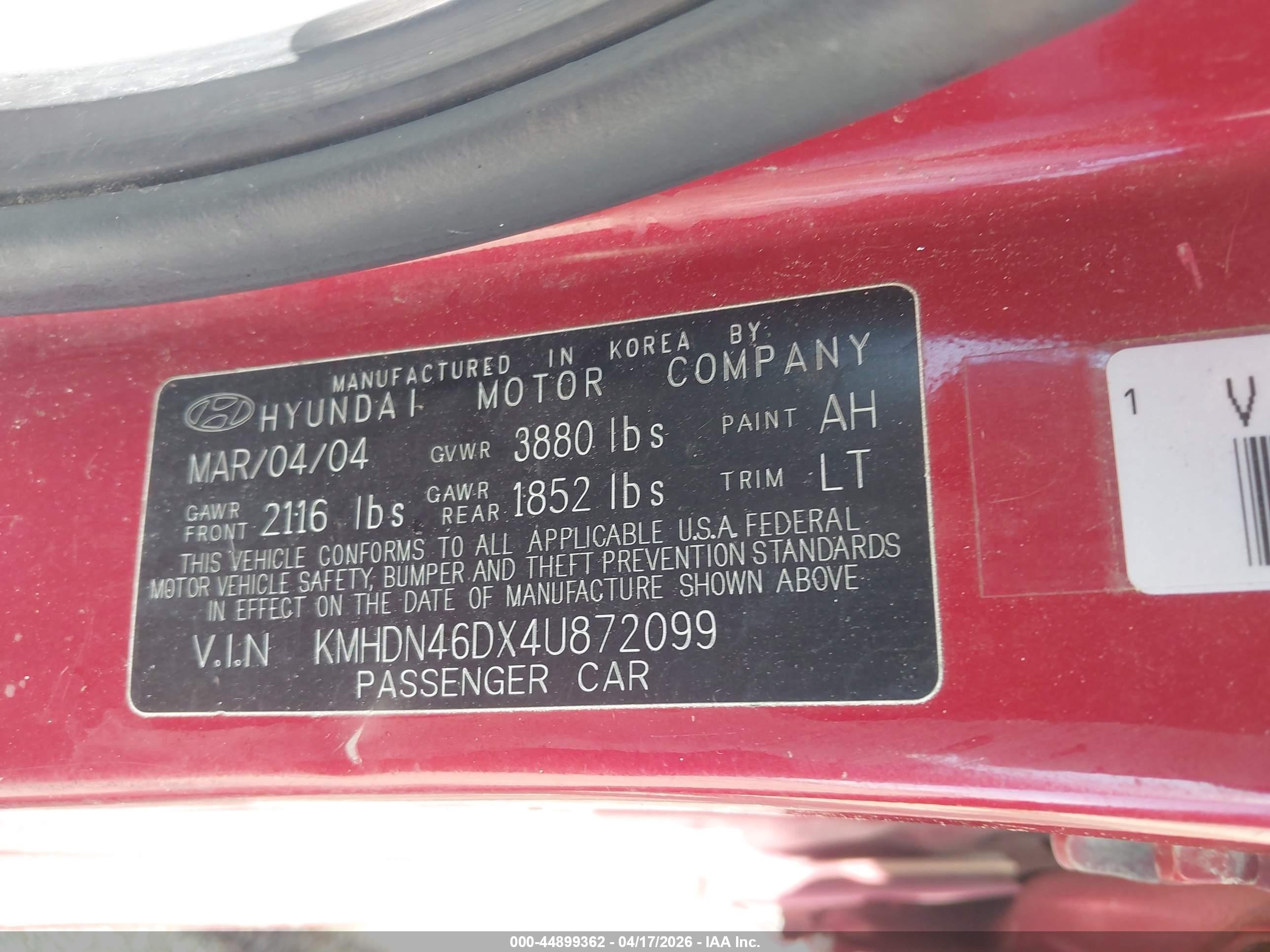 2004 Hyundai Elantra Gls/gt Red vin: KMHDN46DX4U872099