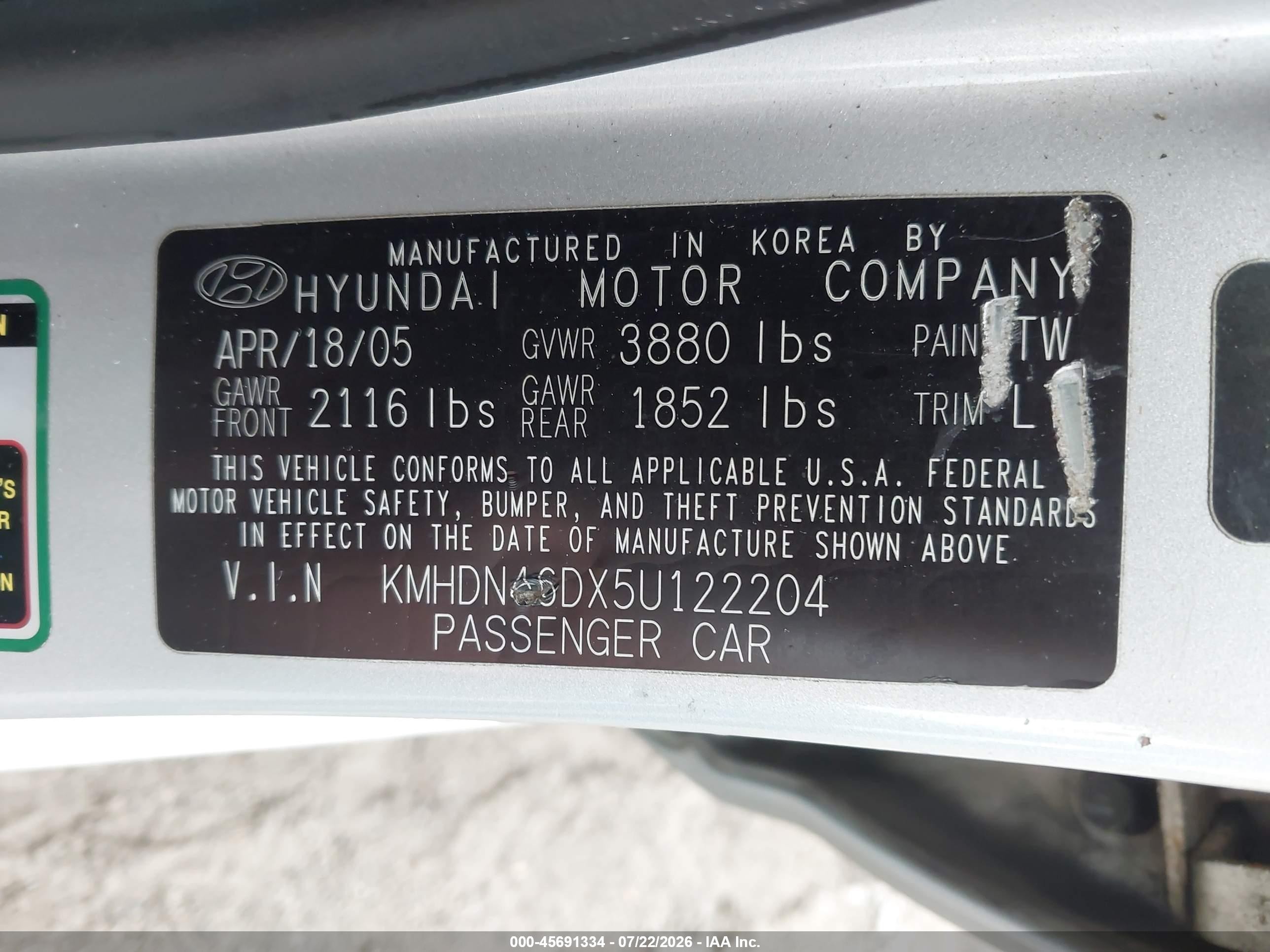 2005 Hyundai Elantra Gls/gt Silver vin: KMHDN46DX5U122204