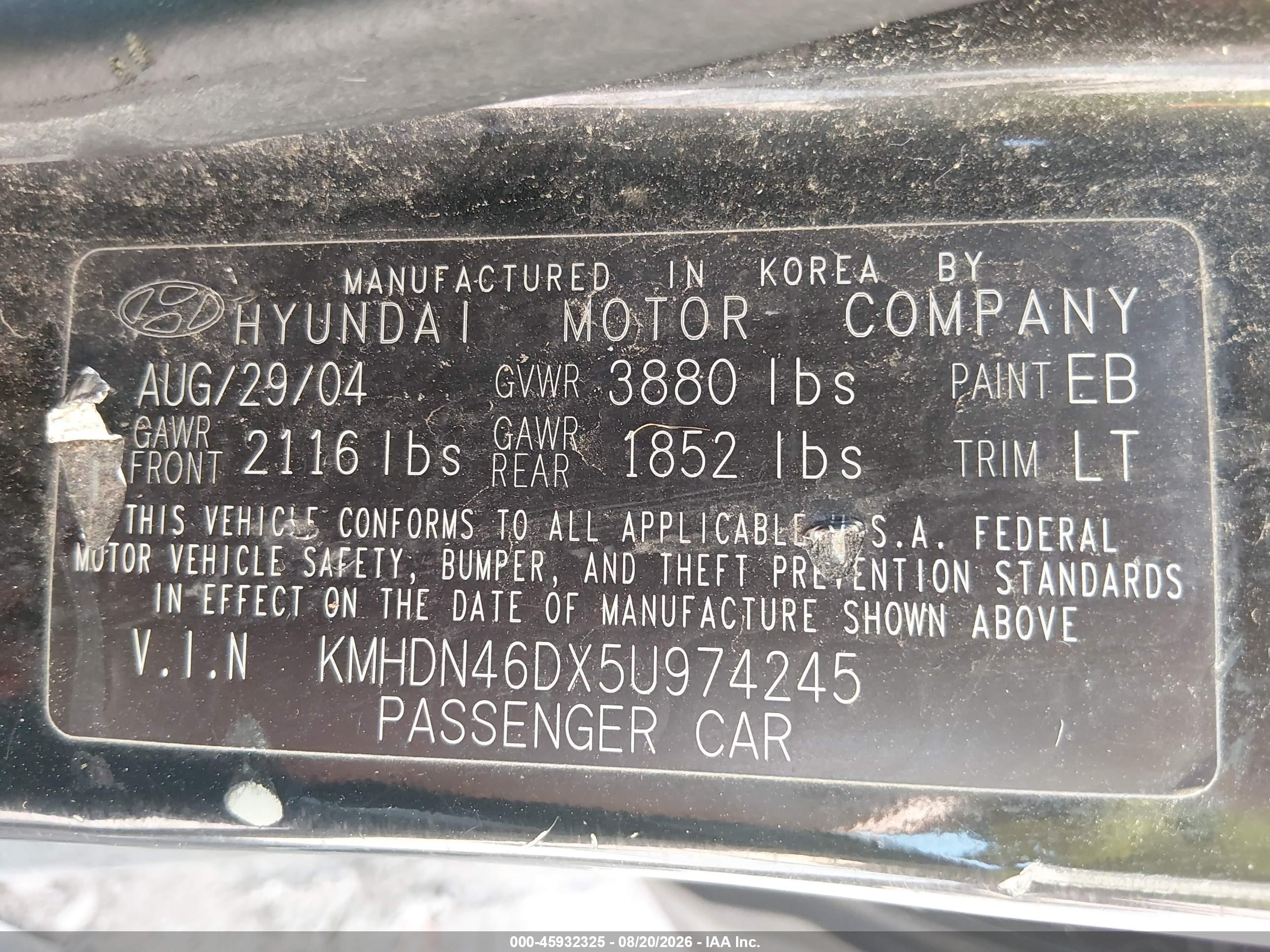 2005 Hyundai Elantra Gls/gt Black vin: KMHDN46DX5U974245