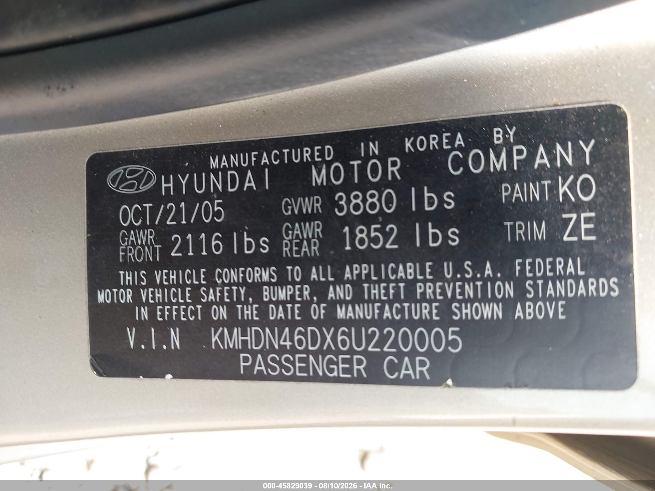 2006 Hyundai Elantra Gls/limited Gold vin: KMHDN46DX6U220005
