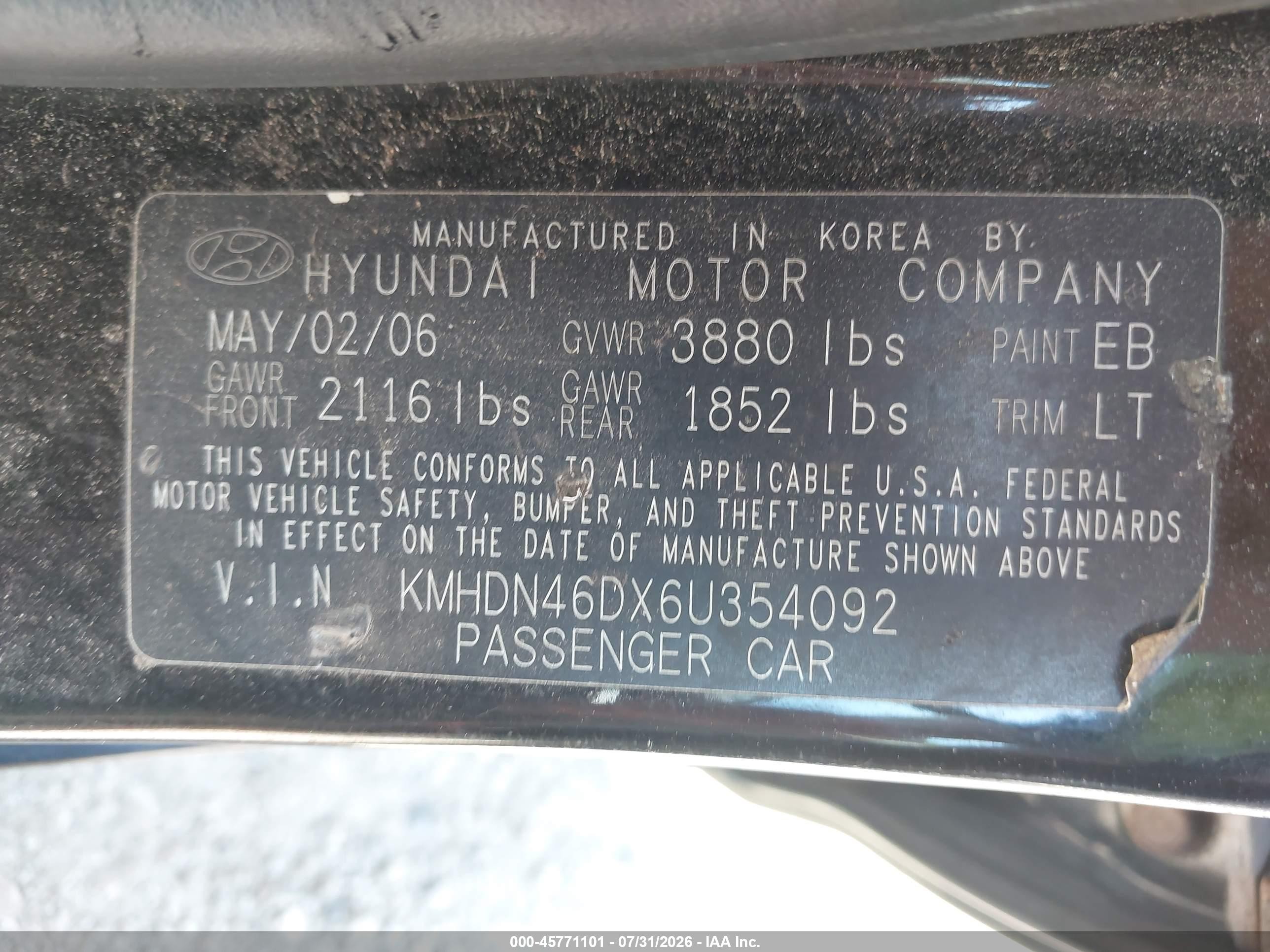 2006 Hyundai Elantra Gls/limited Black vin: KMHDN46DX6U354092