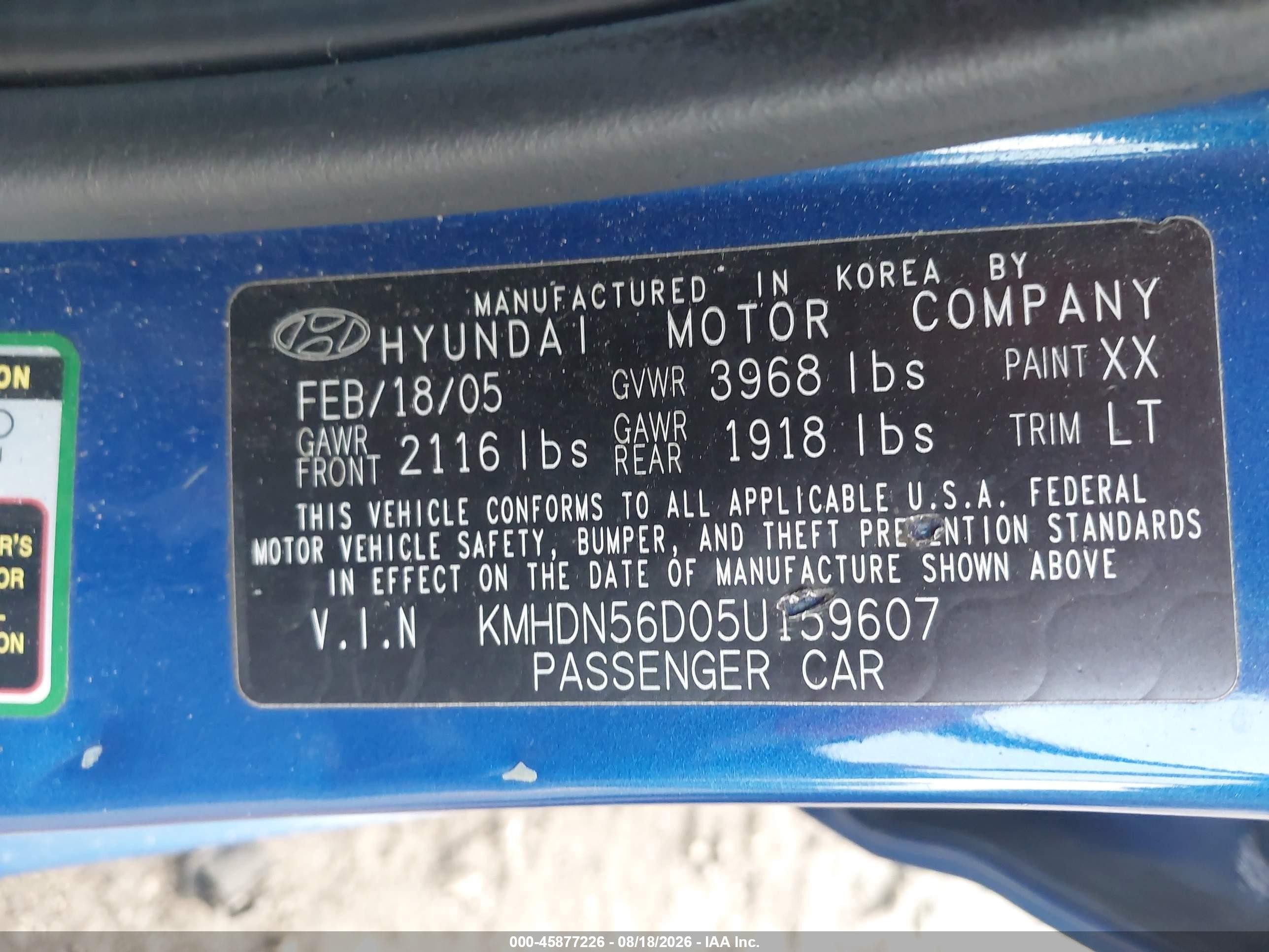 2005 Hyundai Elantra Gls/gt Синий vin: KMHDN56D05U159607