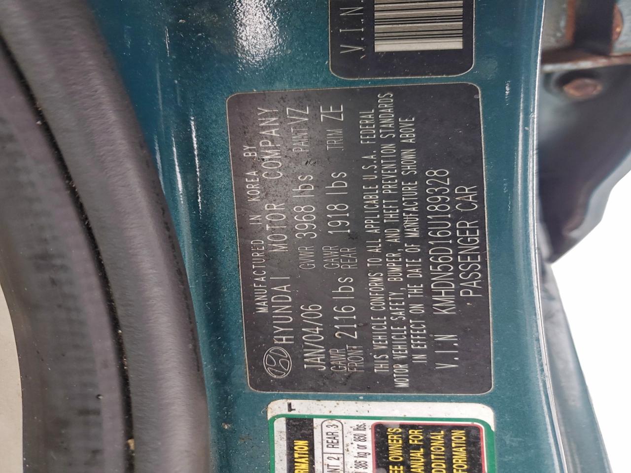 2006 Hyundai Elantra Gls Teal vin: KMHDN56D16U189328
